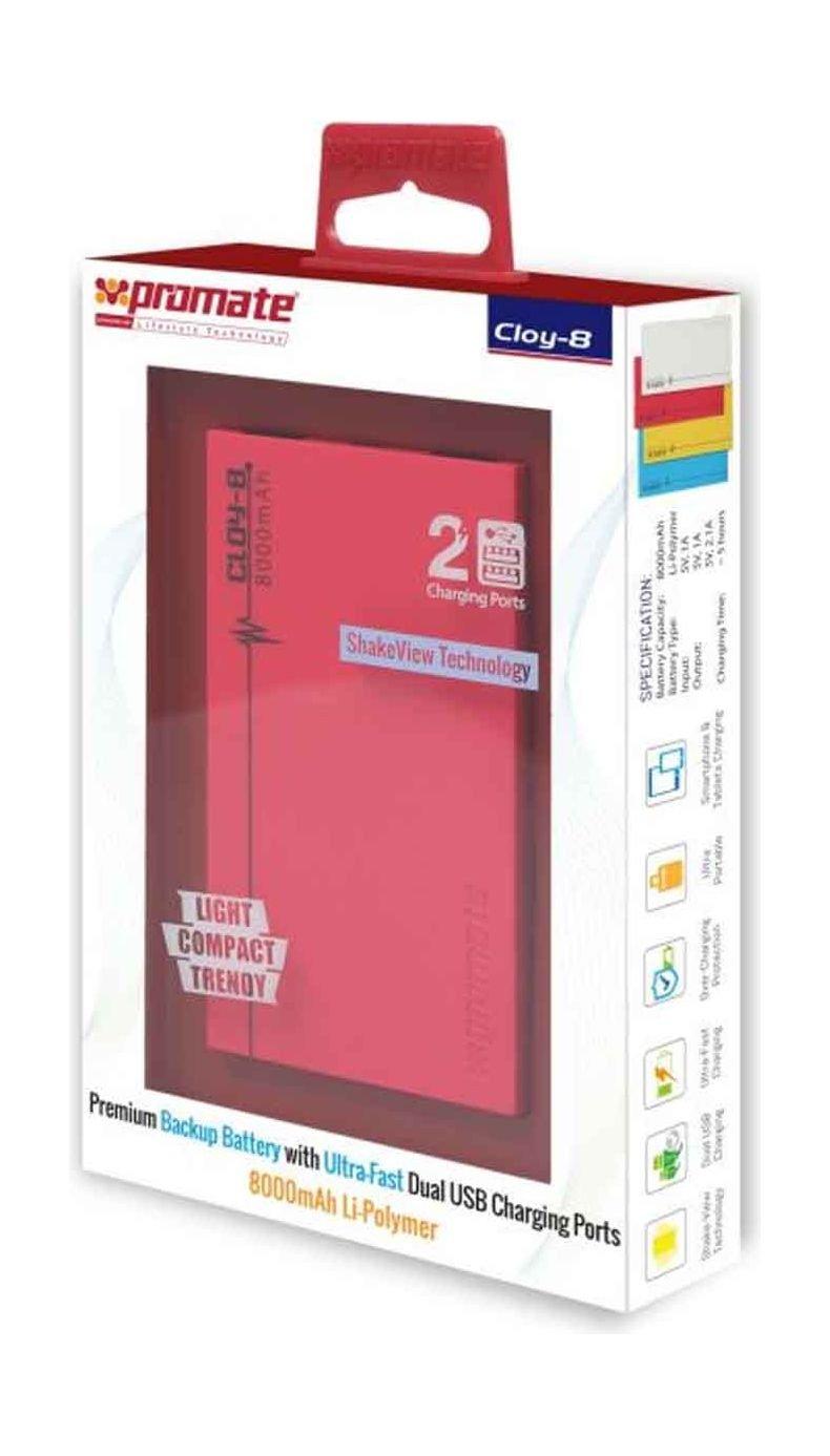 Promate Cloy-8 Premium Dual USB 8000mAh Power Bank - Pink