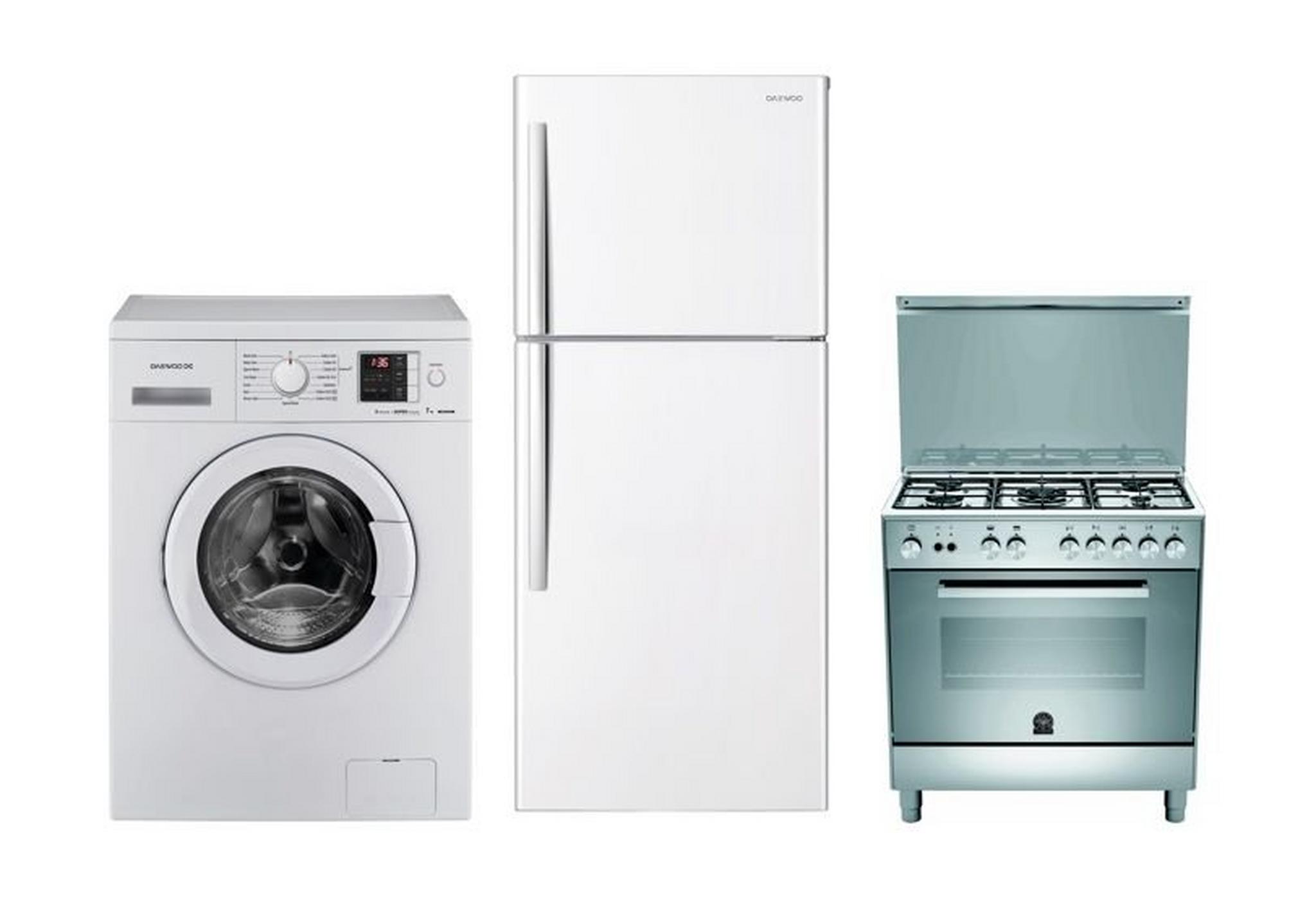 Daewoo Front Loading Washer 7kg + Daewoo 16 Cft. Top Mount Refrigerator + Lagermania 80 x 50 Gas Cooker