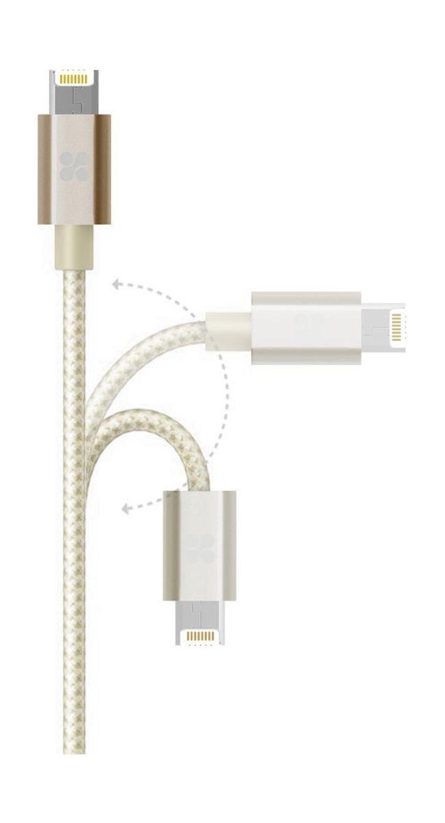 Promate Linkmate MUL 2-in-1 Heavy-Duty Mesh-Armored Sync & Charge Cable For iOS & Android Devices 1.2M - Gold