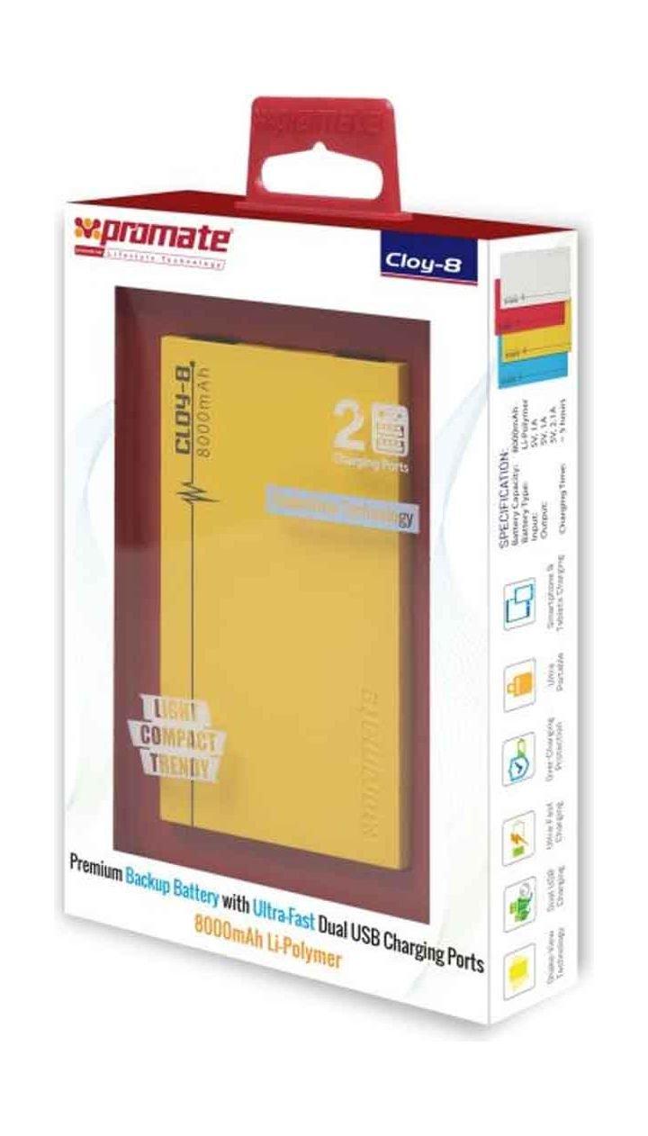 Promate Cloy-8 Premium Dual USB 8000mAh Power Bank - Yellow