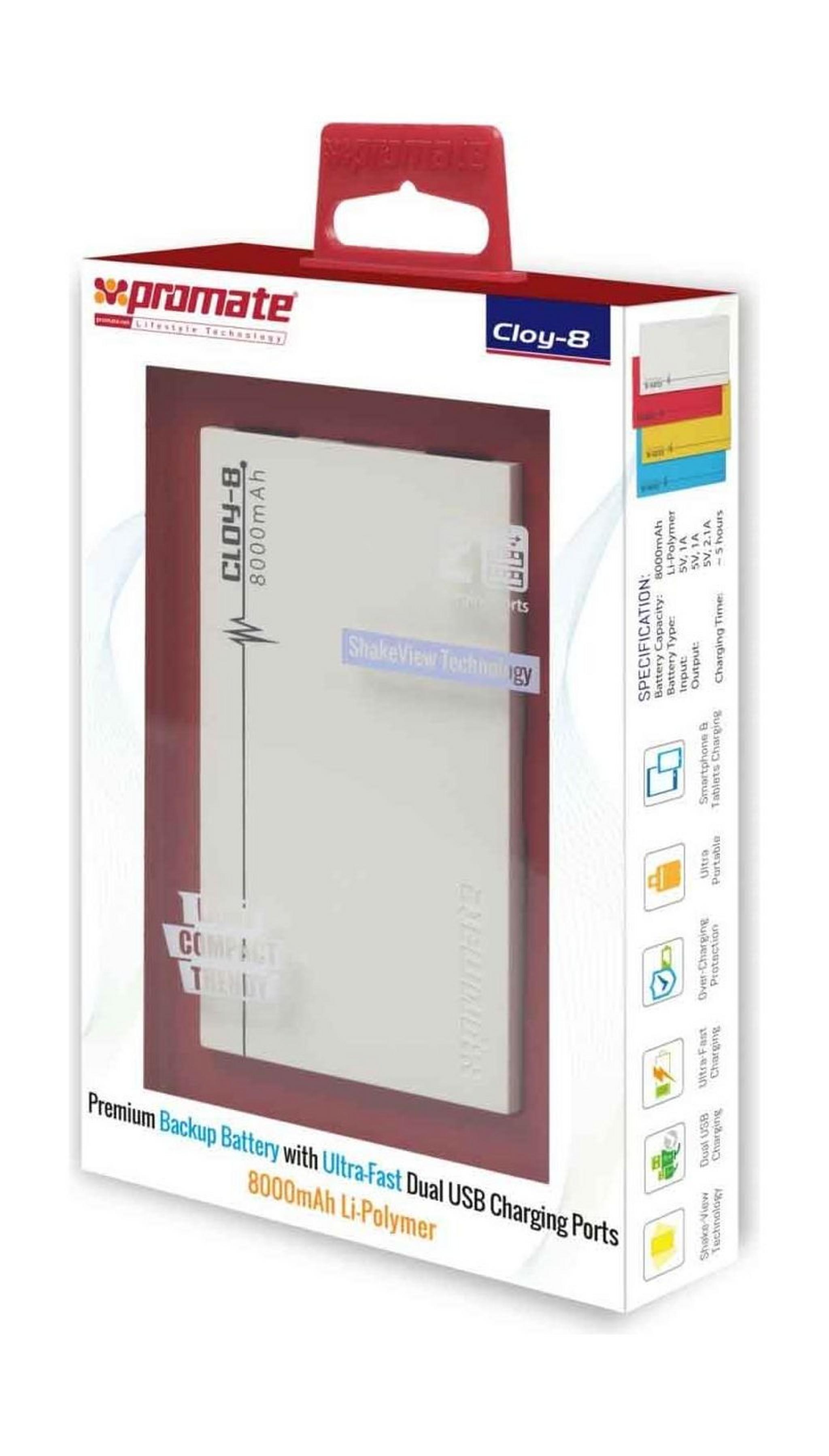 Promate Cloy-8 Premium Dual USB 8000mAh Power Bank - White