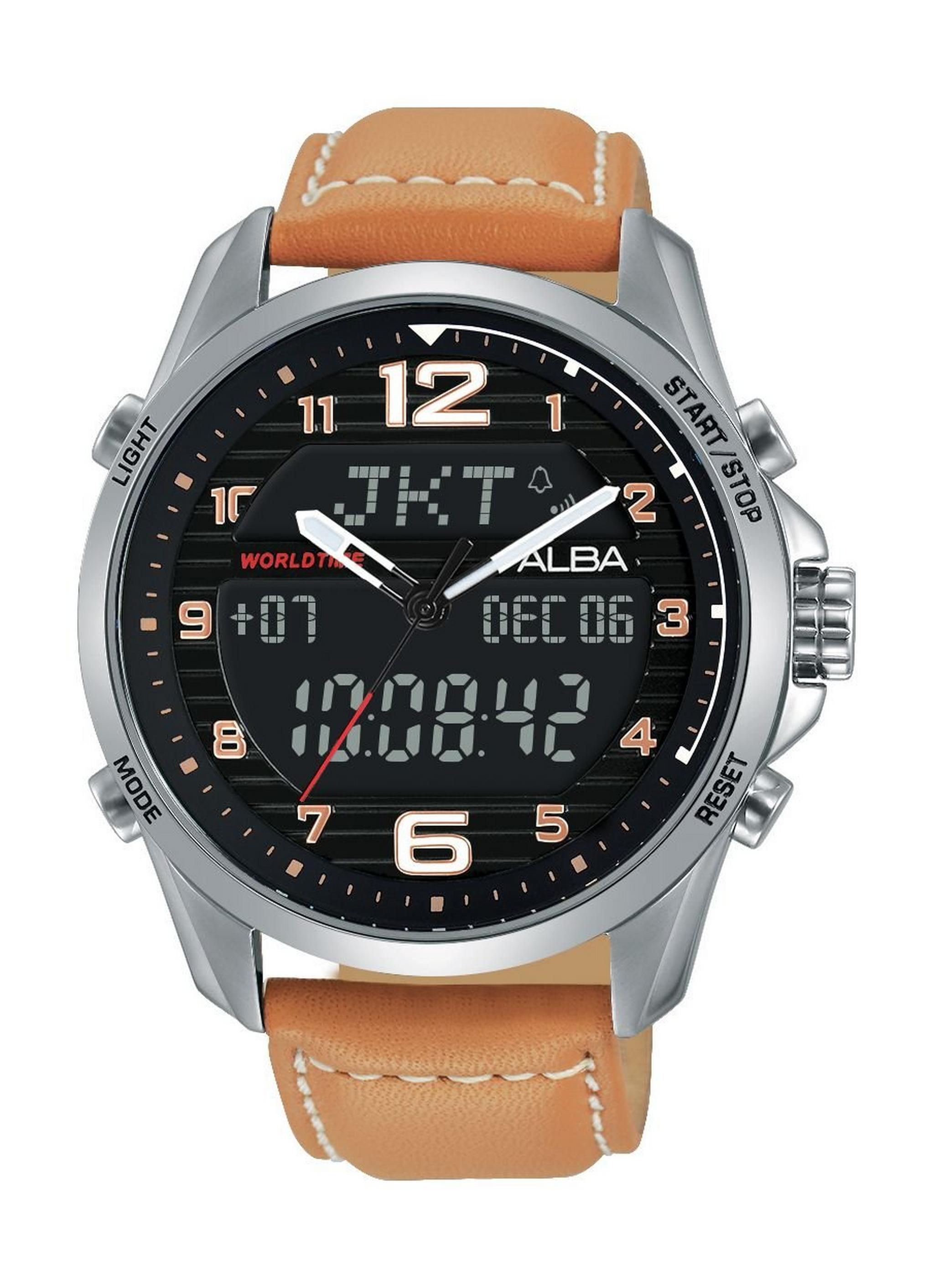 ساعة ألبا الرياضية للرجال بعرض تناظري  ورقمي وحزام جلدي - بني (AZ4013X1)