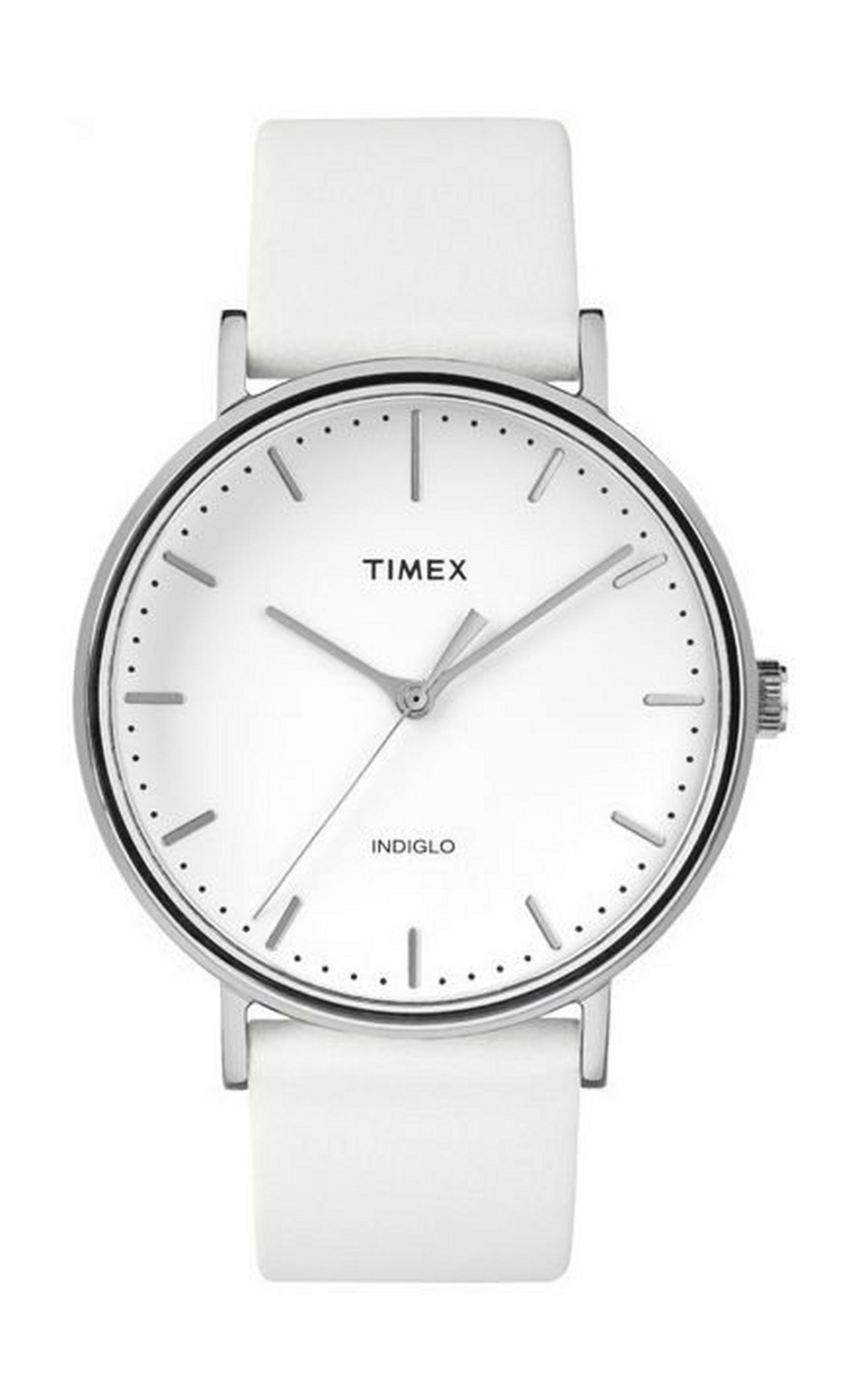 ساعة تايمكس فيرفيلد للجنسين بعرض كرونوغراف وحزام جلدي – أبيض (TW2R26100)