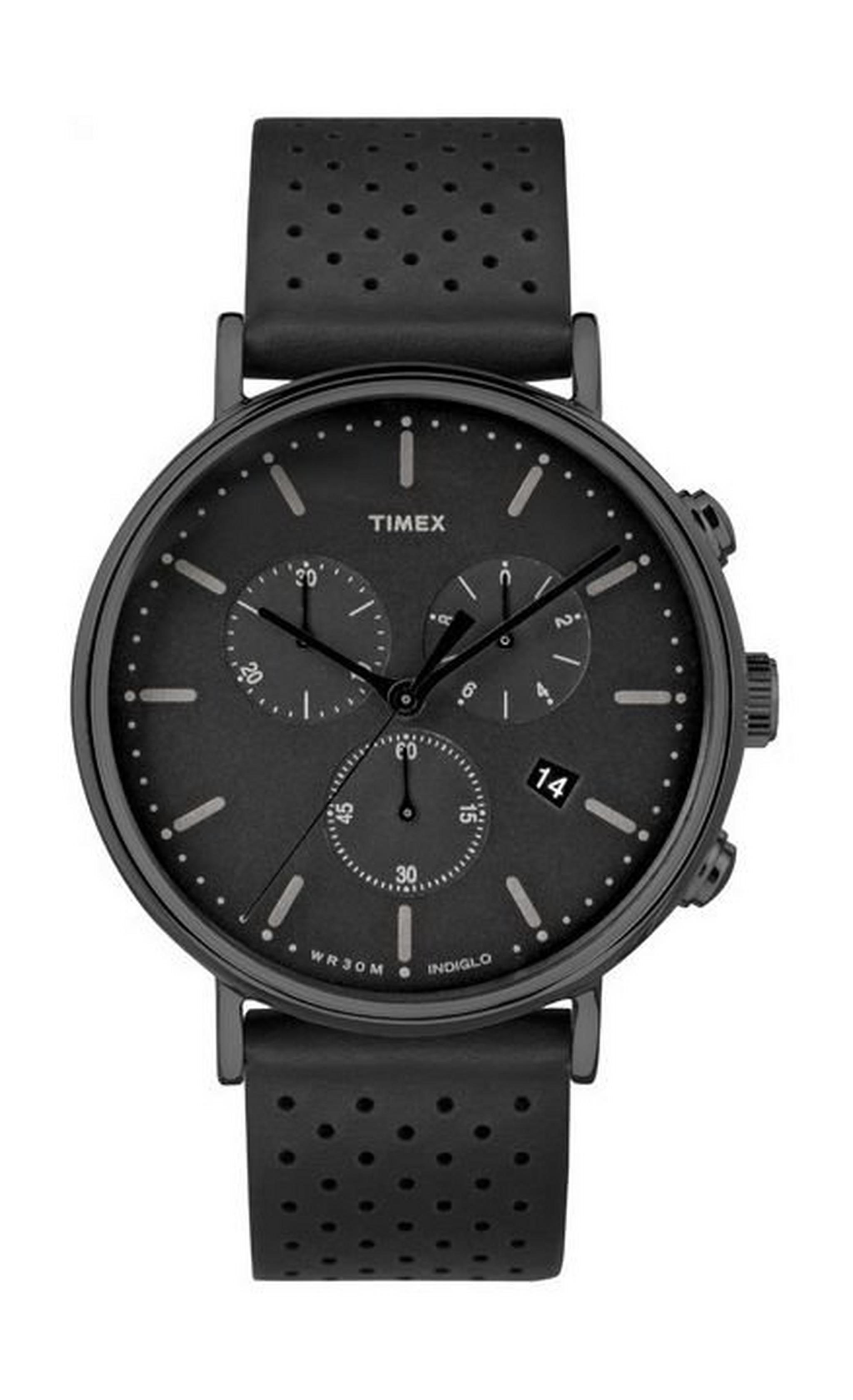 ساعة تايمكس فيرفيلد للجنسين بعرض كرونوغراف وحزام جلدي – أسود (TW2R26800)