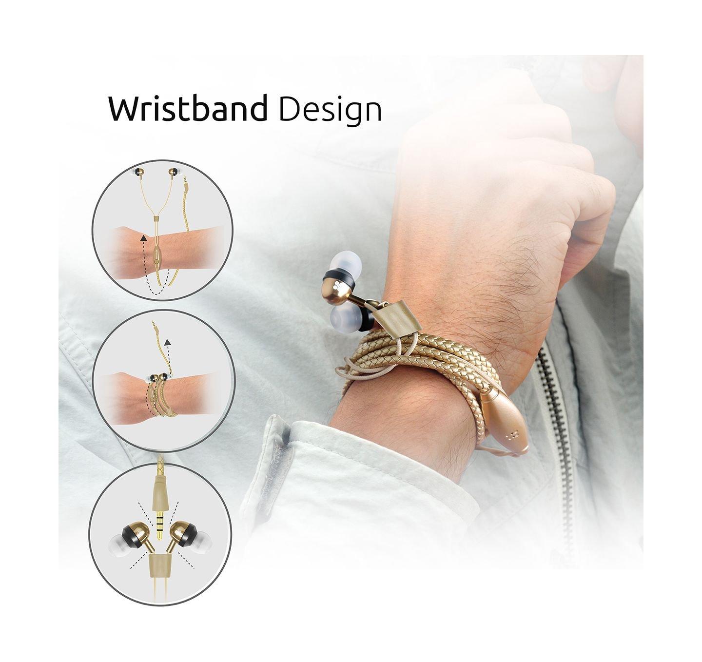 Promate Vogue Wearable Wristband Style Leather Stereo Earphone - Gold