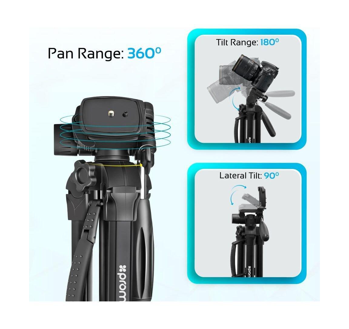 Promate Camera Tripod With Convertible Monopod, 360 Degree Head & 4 Section For All Cameras and Smartphones(Precise-180)