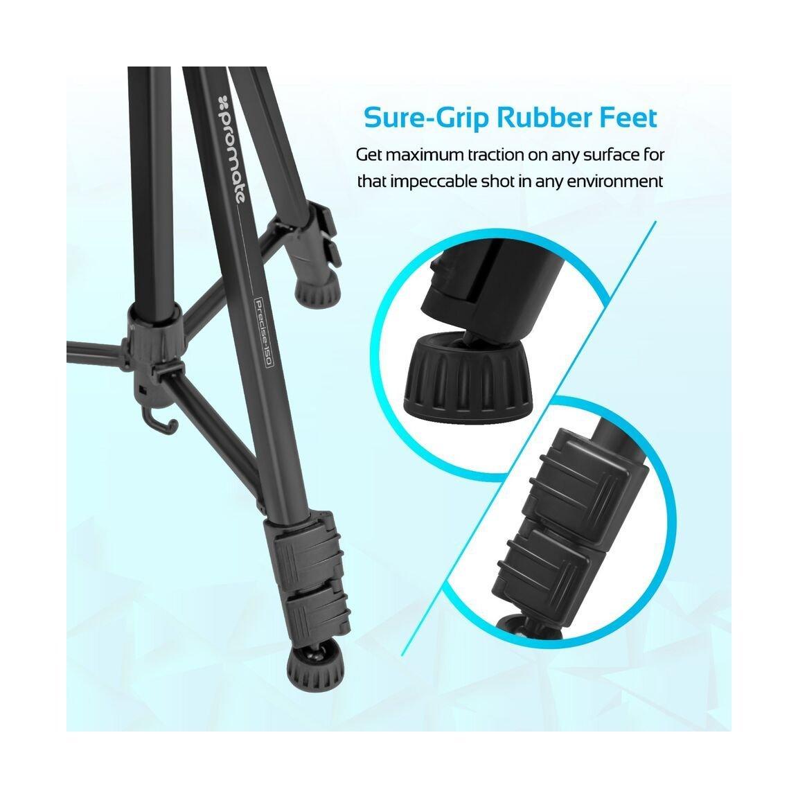 Promate Aluminium Camera Tripod 150cm with 3 Way Head For DSLR, SLR, Camcorder, Action Cameras (Precise-150)