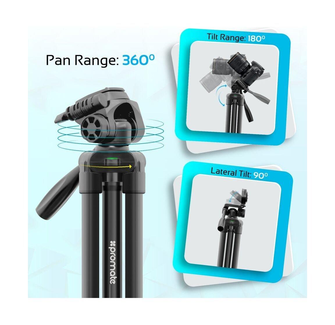 Promate Aluminium Camera Tripod 150cm with 3 Way Head For DSLR, SLR, Camcorder, Action Cameras (Precise-150)