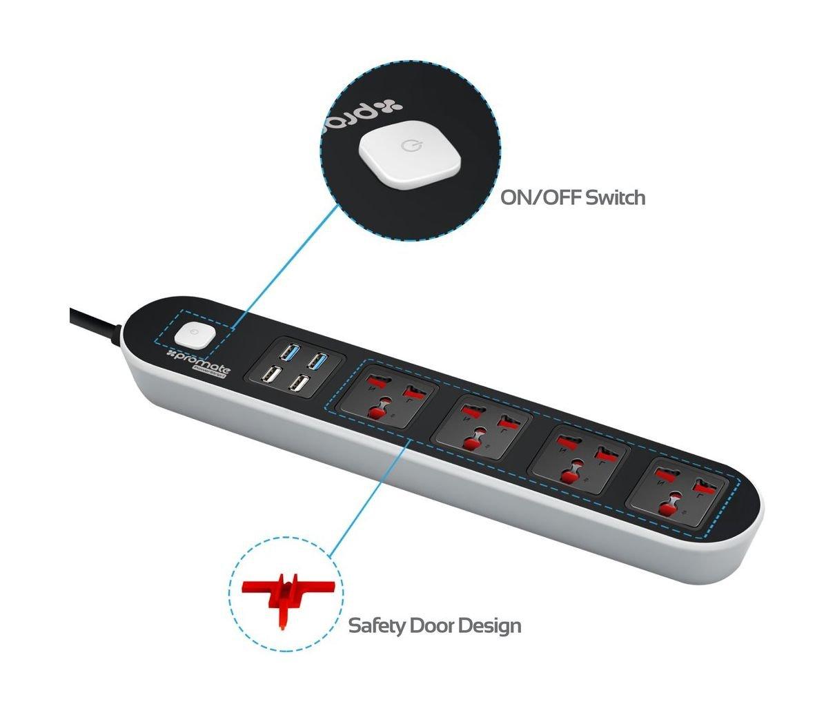 Promate Universal 4 Outlet Surge Protector Power Hub (PowerStrip-1)