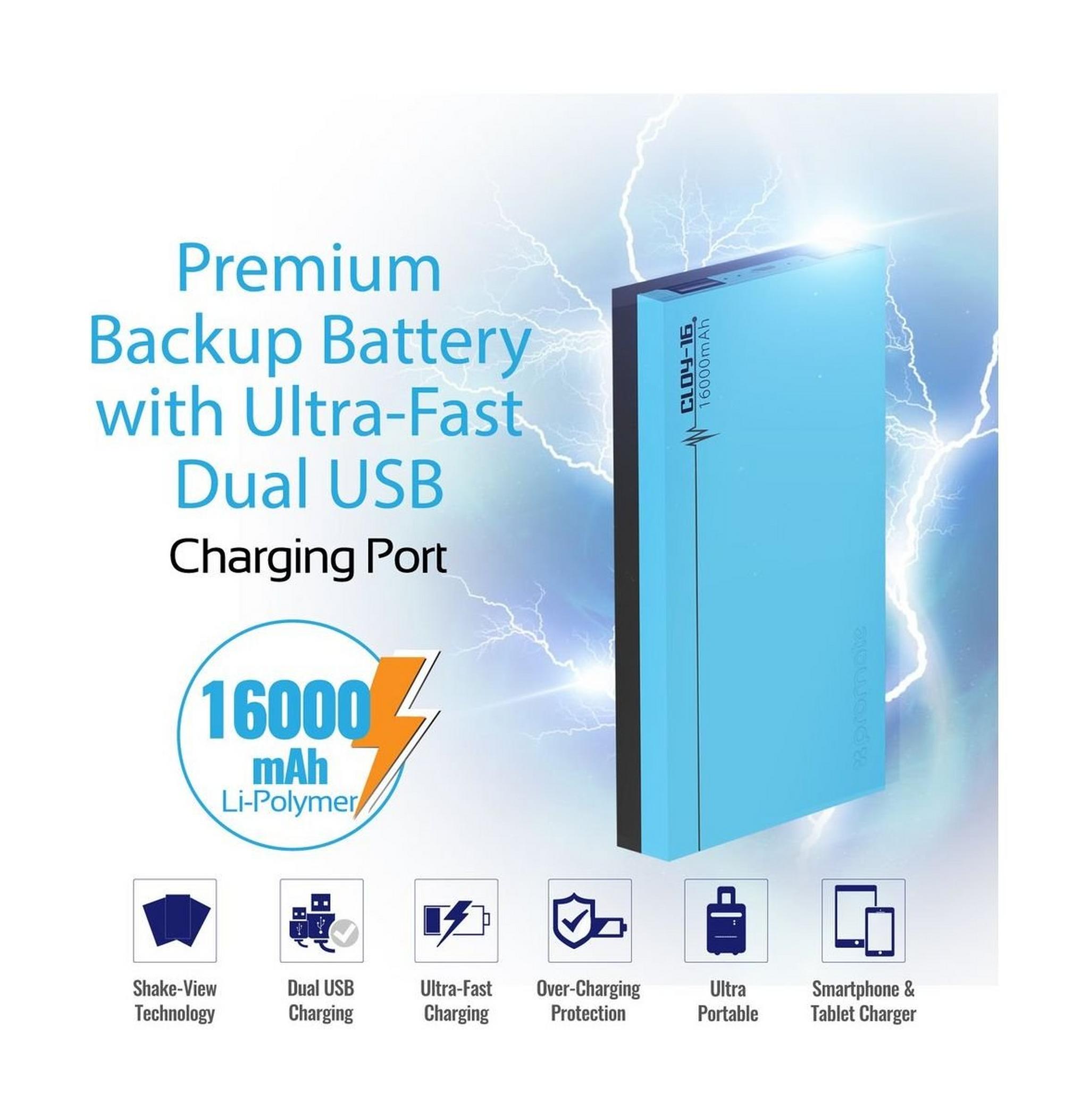 Promate Cloy-16 Premium Dual USB 16000mAh Power Bank - Blue