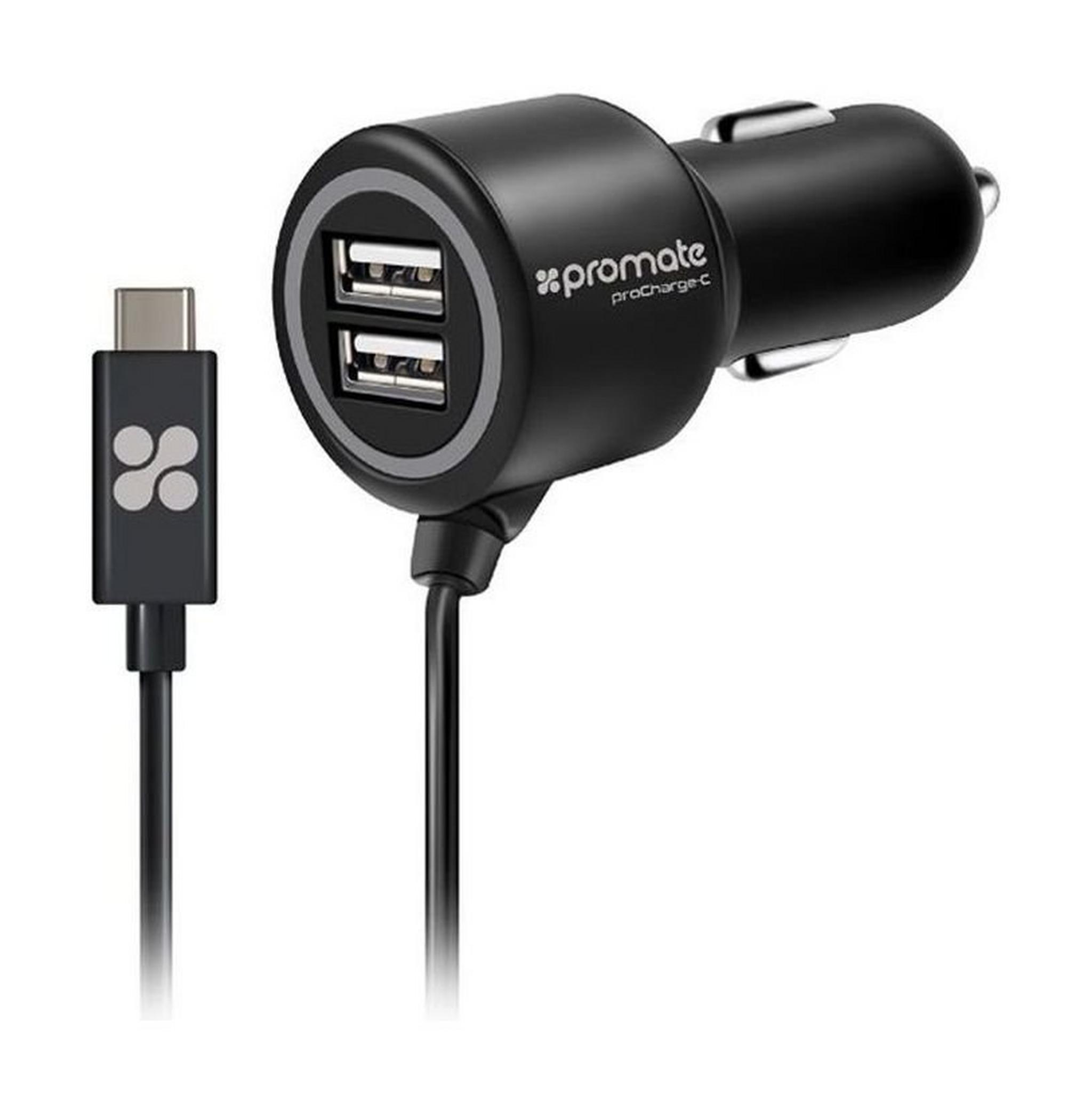 Promate Ultra-Fast Dual Usb Car Charger With Type-C Charging Cable (Procharge-C)