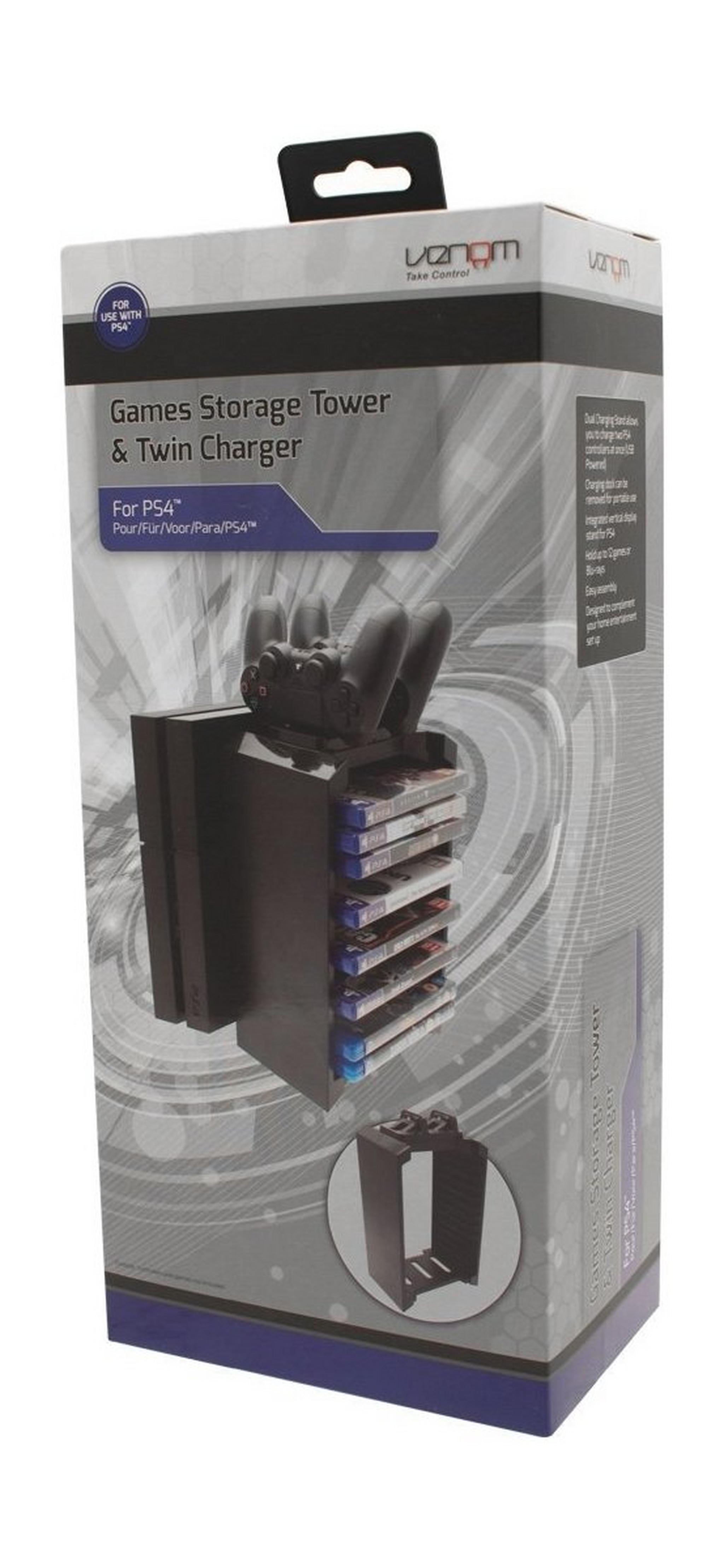 Venom 2-in-1 PS4 Games Storage Tower and Twin Charging Dock - Black