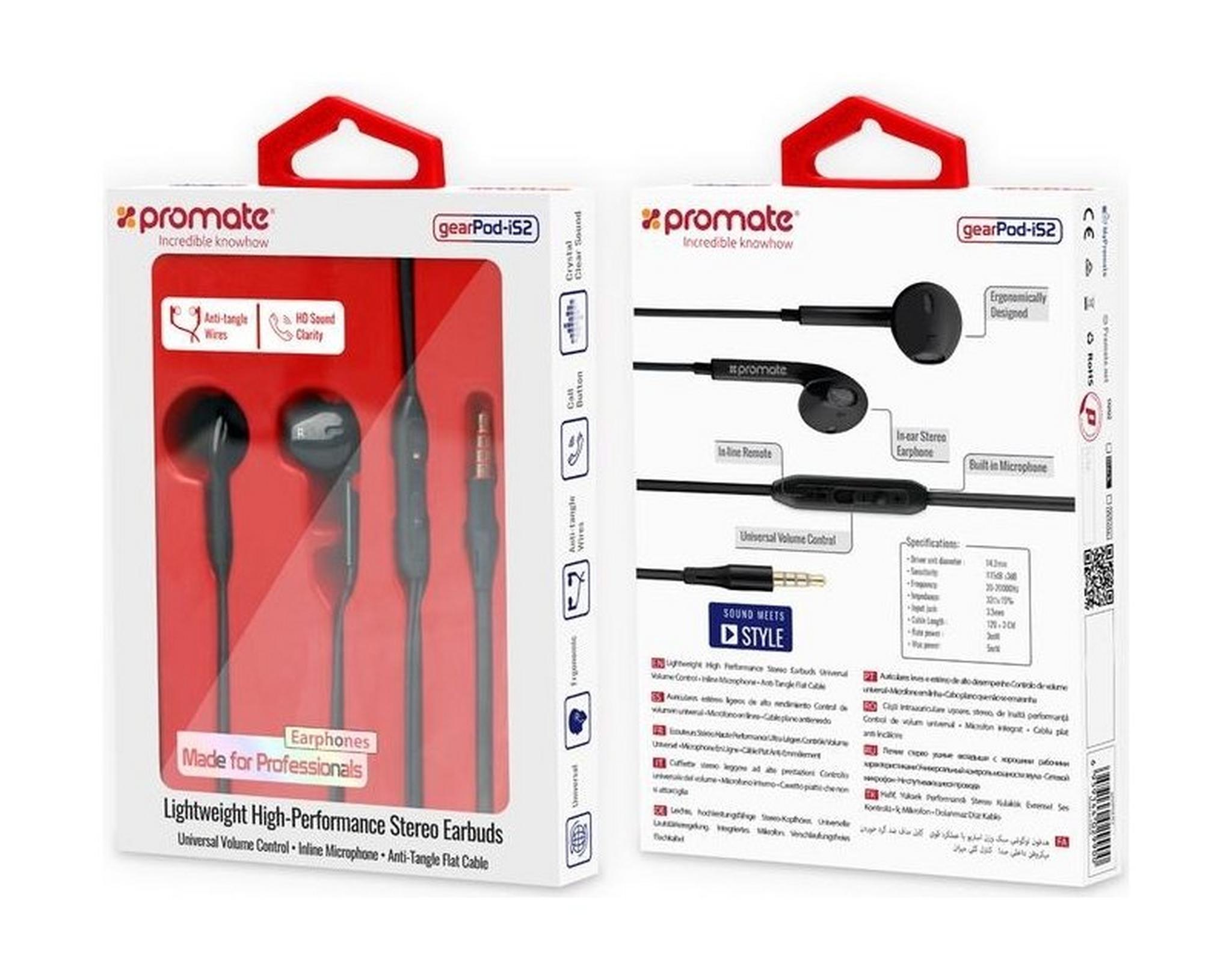 Promate GearPod-IS2 Lightweight High-Performance Stereo Earbuds - Black
