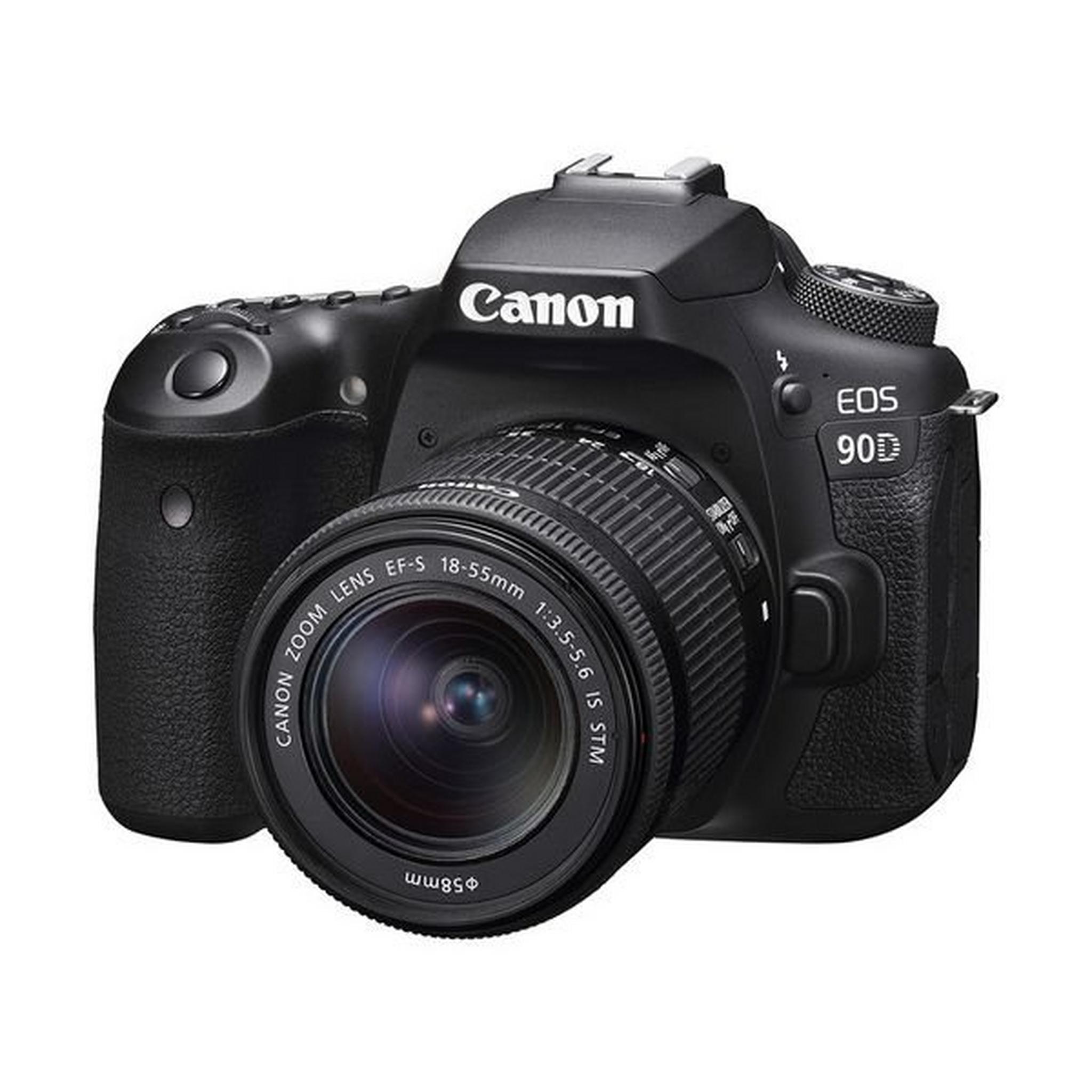كاميرا كانون EOS 90D الرقمية بعدسة عاكسة DSLR + عدسة 18-55 ملم - أسود