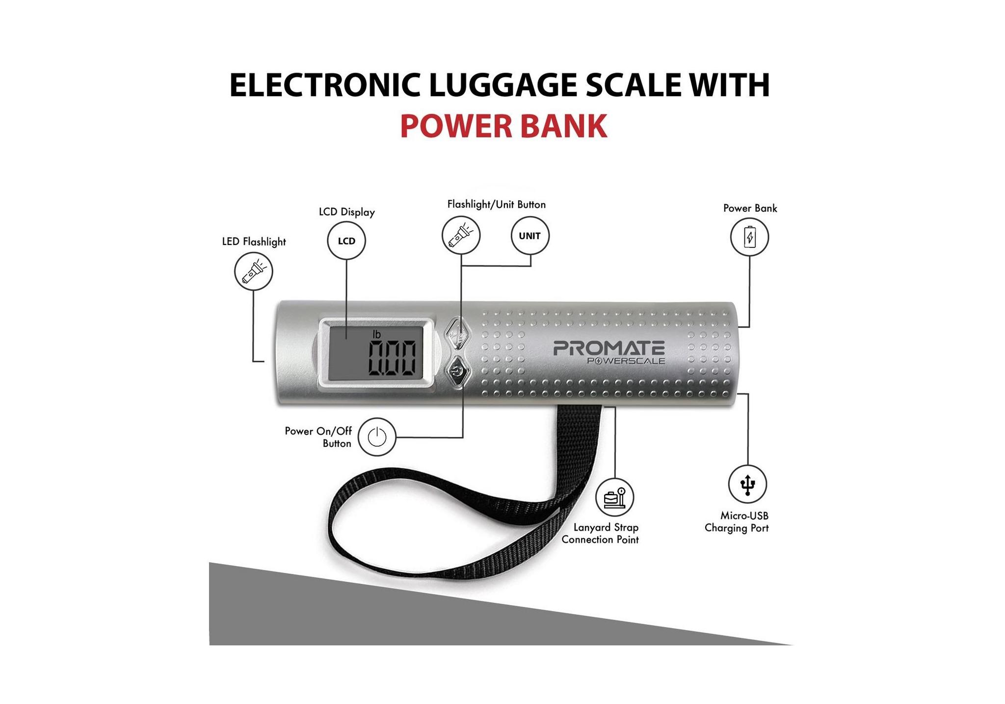 Promate 3N1 50KG Luggage Power Scale - Silver