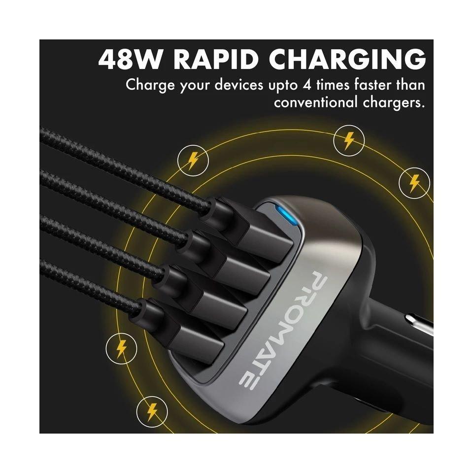 Promate 48W Fast Charging 4-Port Rapid USB Car Charger (Scud-48)