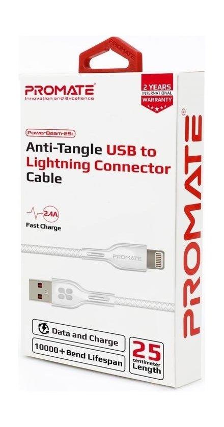 Promate Powerbeam-25I  Anti-Tangle USB to Lightning Connector Cable - White