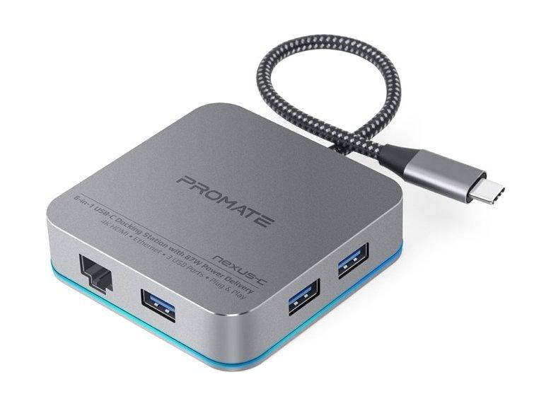 Promate Nexus-C 6-in-1 USB-C Docking Station with 87W Power Delivery - Grey