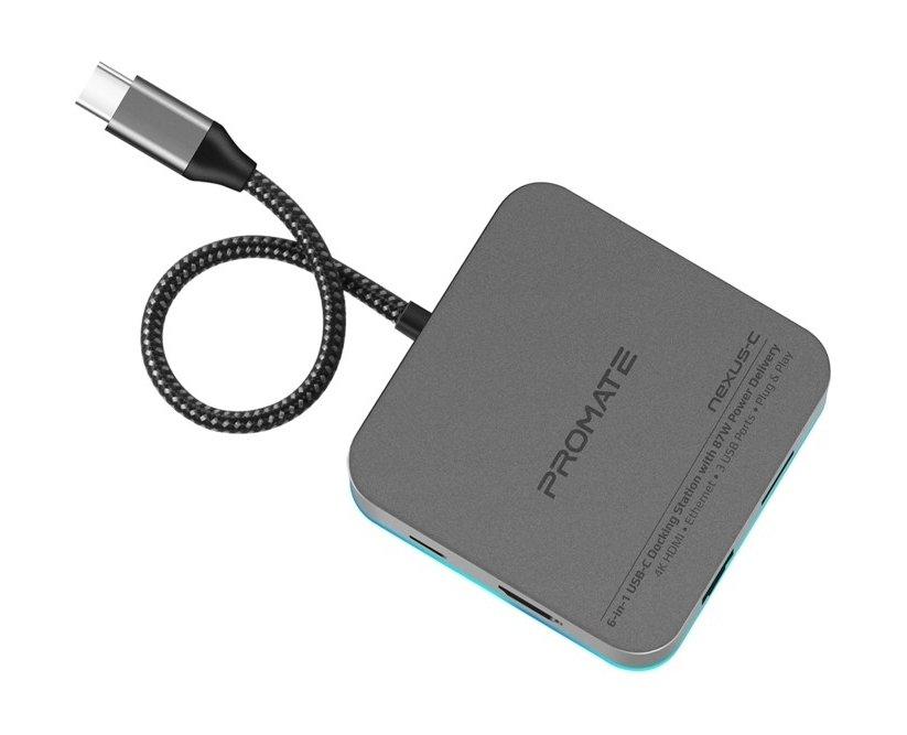 Promate Nexus-C 6-in-1 USB-C Docking Station with 87W Power Delivery - Grey
