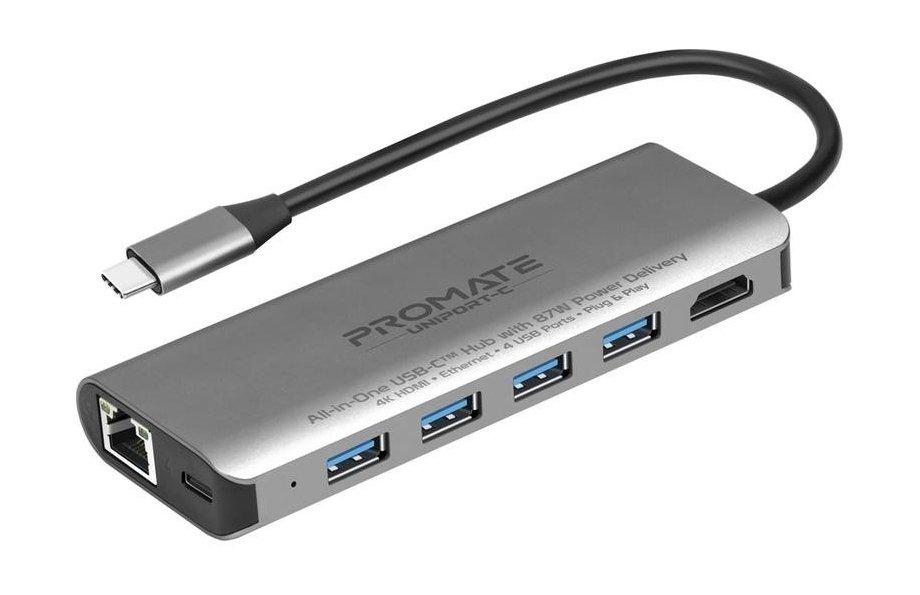Promate UniPort-C All-in-One USB-C Hub with 87W Power Delivery - Black