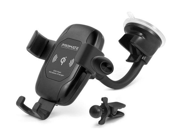 Promate AuraMount-BT 10W Qi Wireless Charging Auto Kit With Mono Earphone - Black