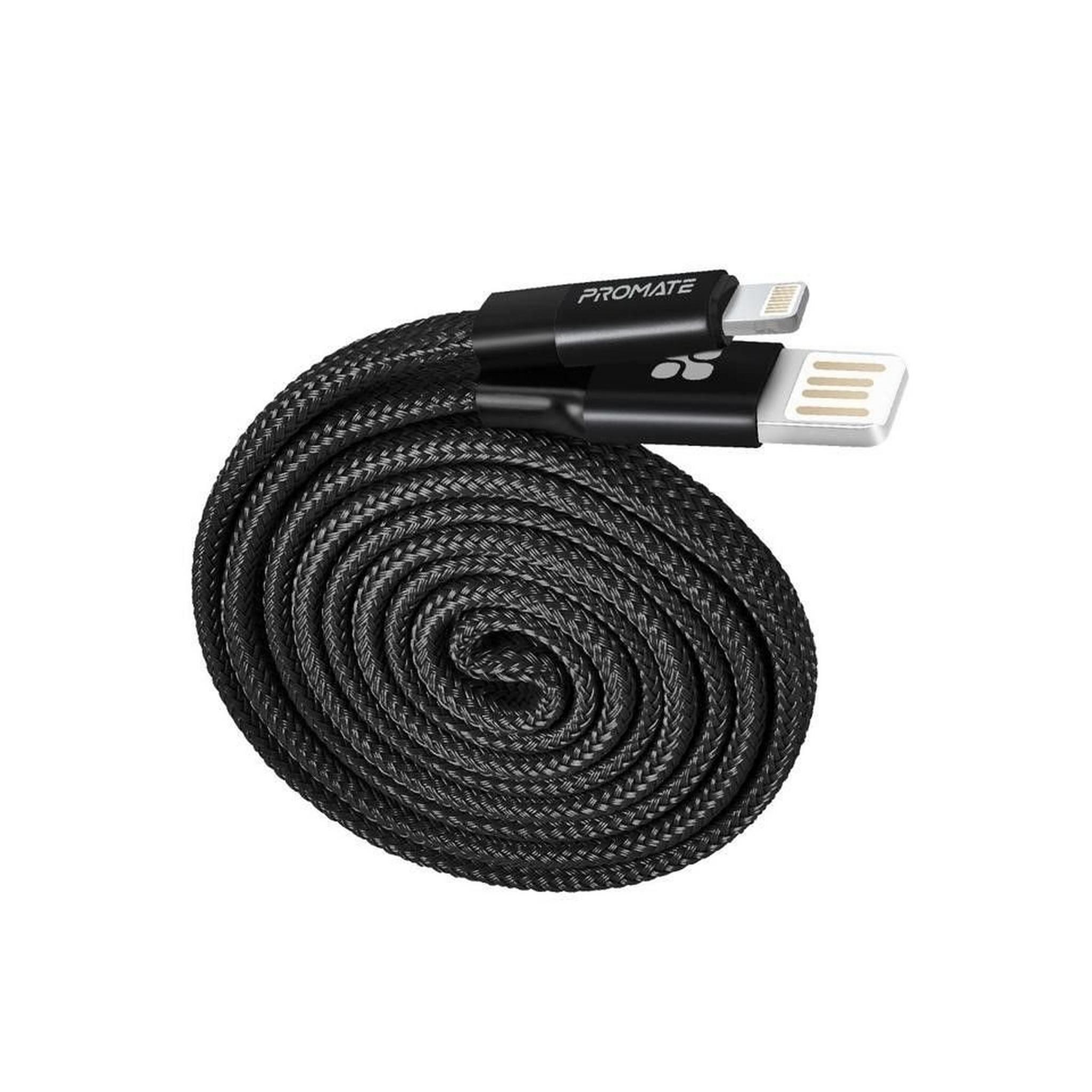Promate Coiline-i Auto-Rolling Reversible 3.2Ft USB-A to Lighting Cable - Black