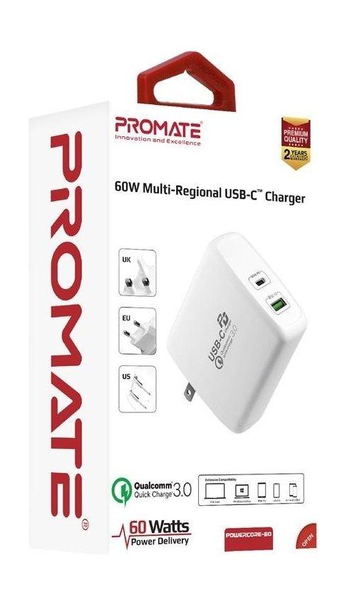 Promate PowerCore-60 Multi-Regional USB-C Quick Charge - White