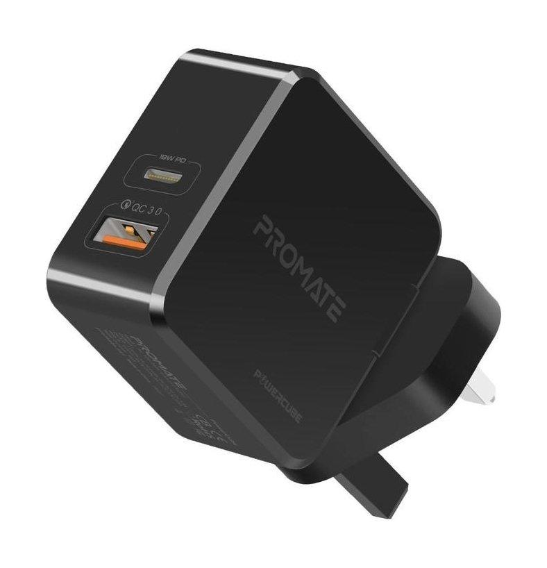 Promate Power Cube 36W Fast Charging Dual Port Wall Charger with Type-C USB - Black