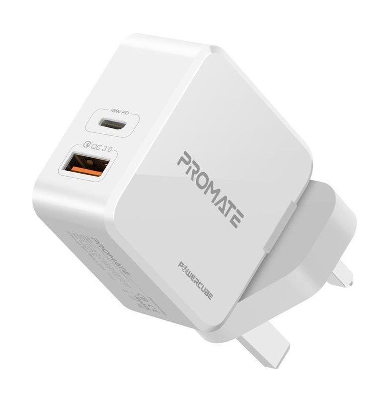 Promate Power Cube 36W Fast Charging Dual Port Wall Charger with Type-C USB - White