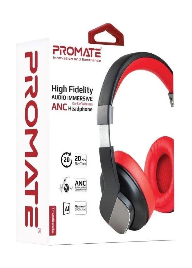 Promate TrueBeatsOn-Ear Wireless ANC Headphone - Red