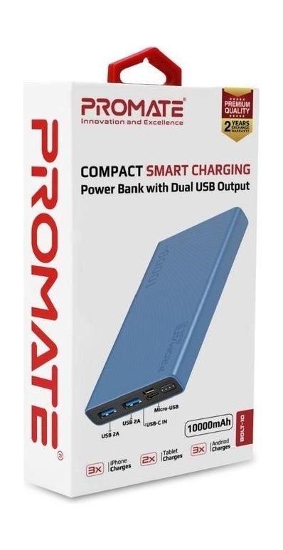 Promate Bolt-10 10000mAh Compact Smart Charging Power Bank - Blue