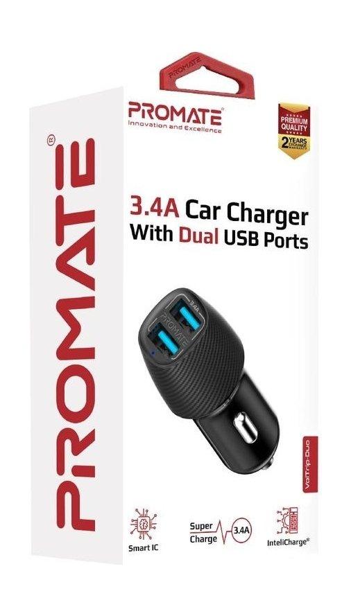 Promate VolTrip-Duo 3.4A Car Charger With Dual USB Ports - Black