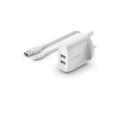 Belkin Boost Charge Dual USB-A Wall Charger 24W + 1M USB-A to Lightning Cable - White