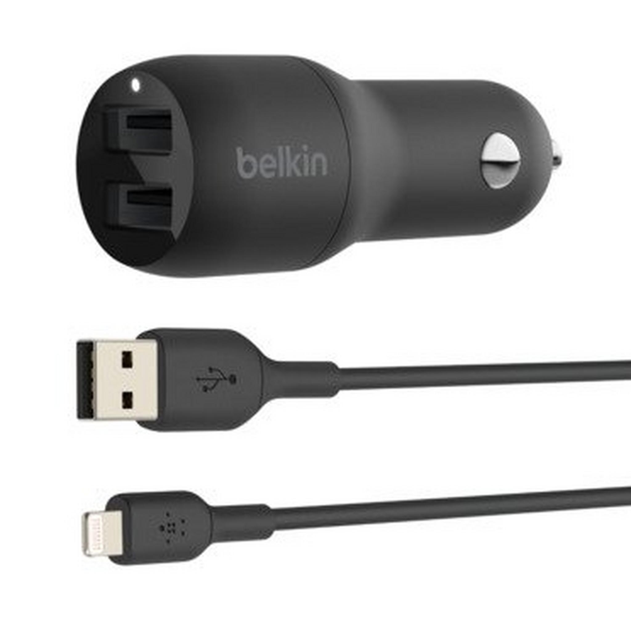 Belkin Boost Charge Dual USB-A Car Charger 24W + 1M USB-A to Lightning Cable - Black