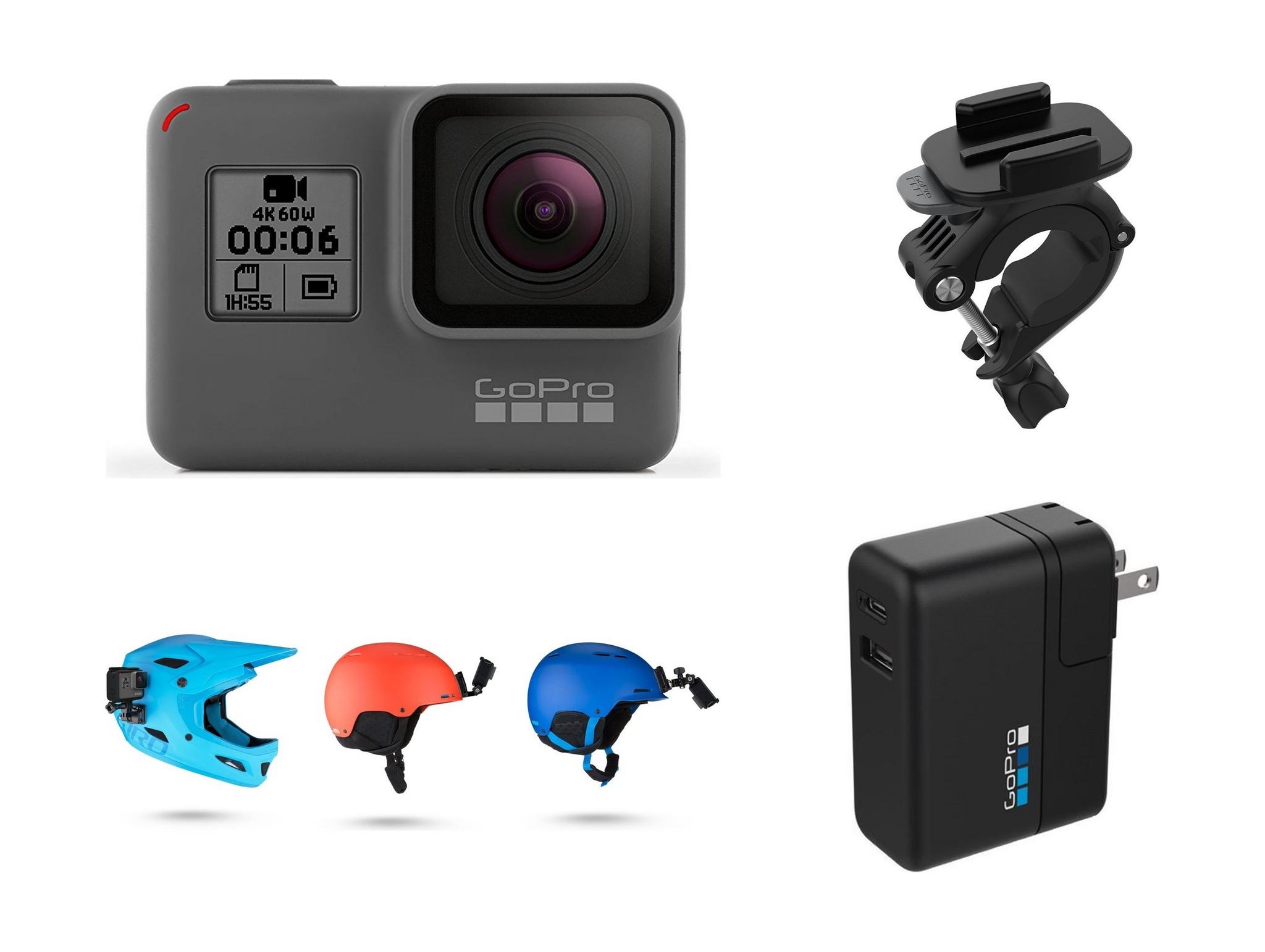 GoPro Hero 6 4K Ultra HD Camera - Black + GoPro Front And Side Helmet Mount + GoPro Mount For HandleBar/Seatpost/Pole + GoPro Supercharger For GoPro Action Camera