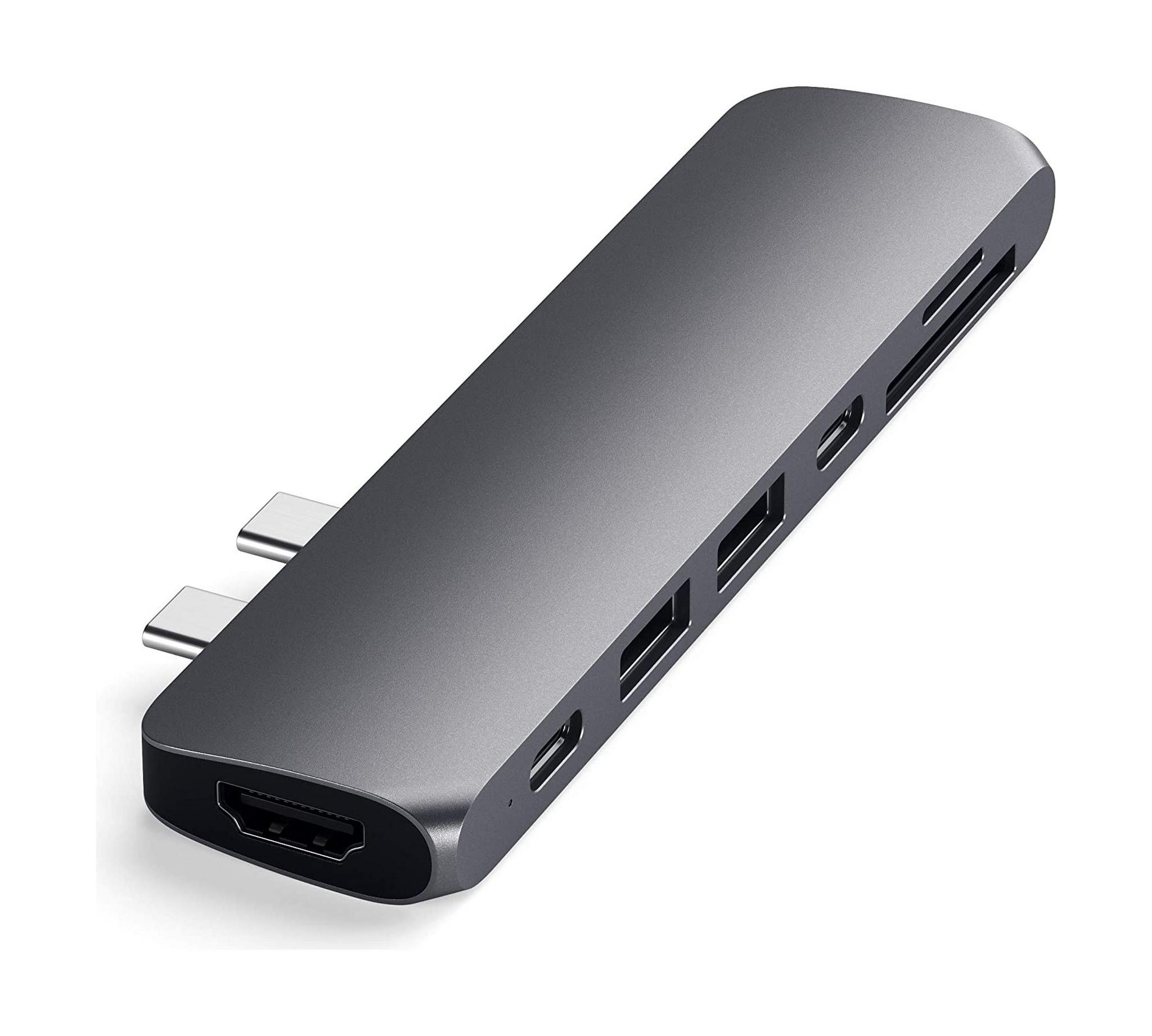 محول ساتشي ألمنيوم من النوع USB-C و 4K HDMI ، بيانات USB-C ، قارئ بطاقات SD / Micro USB 3.0 - رمادي