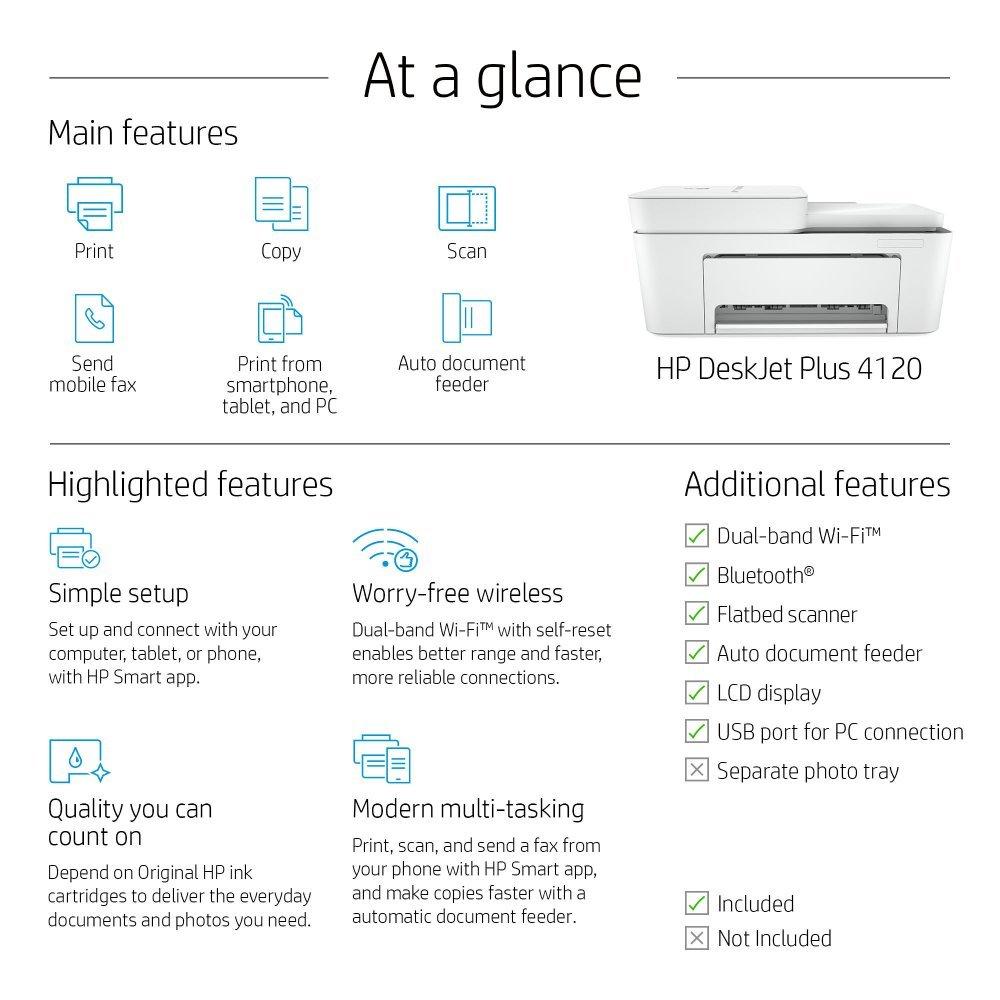 HP DeskJet Plus 4120 All-in-One Printer, 3XV14B - White
