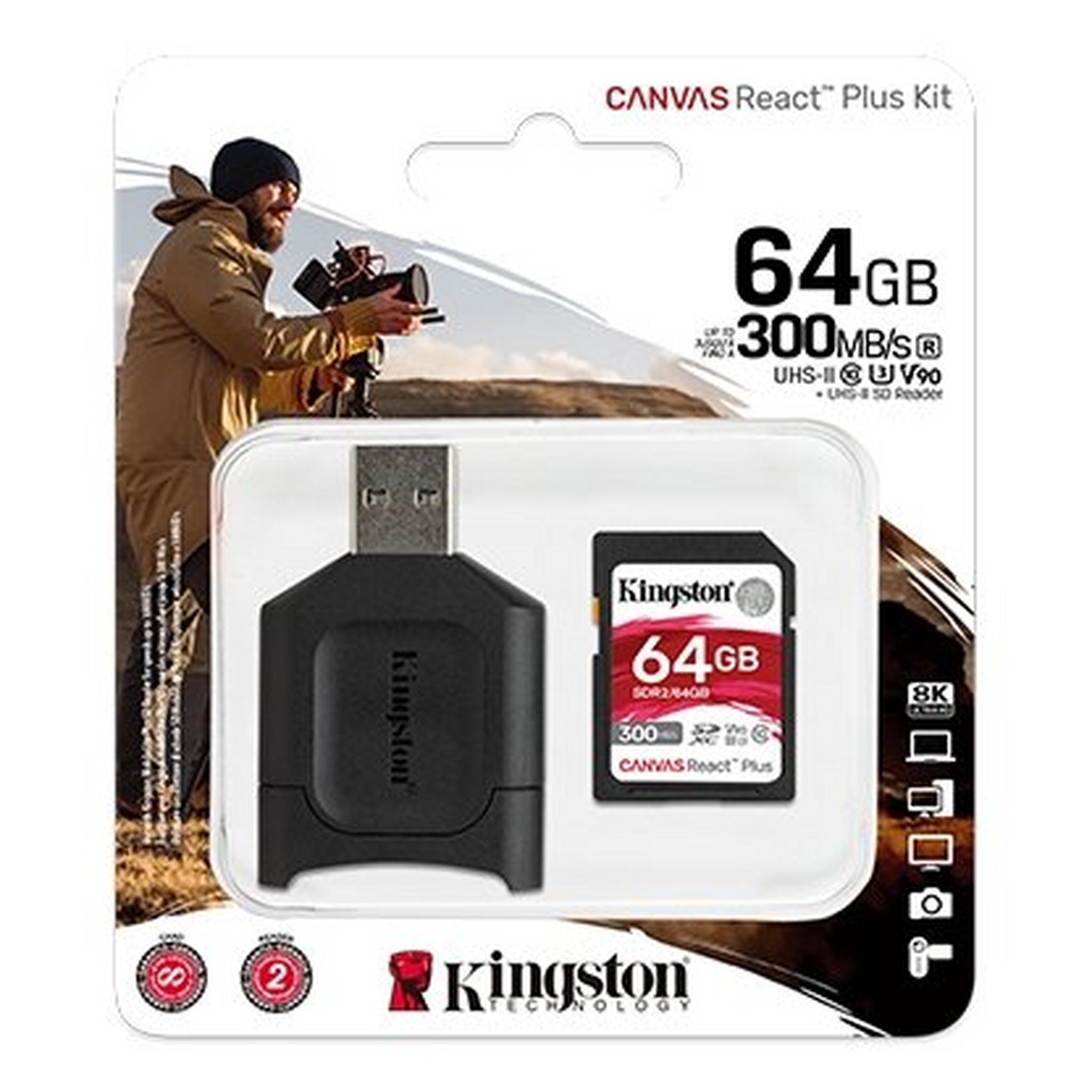 Kingston Canvas React Plus Memory Card 64GB SDXC+SDR2 300R/260W UHS-II+ SD Reader
