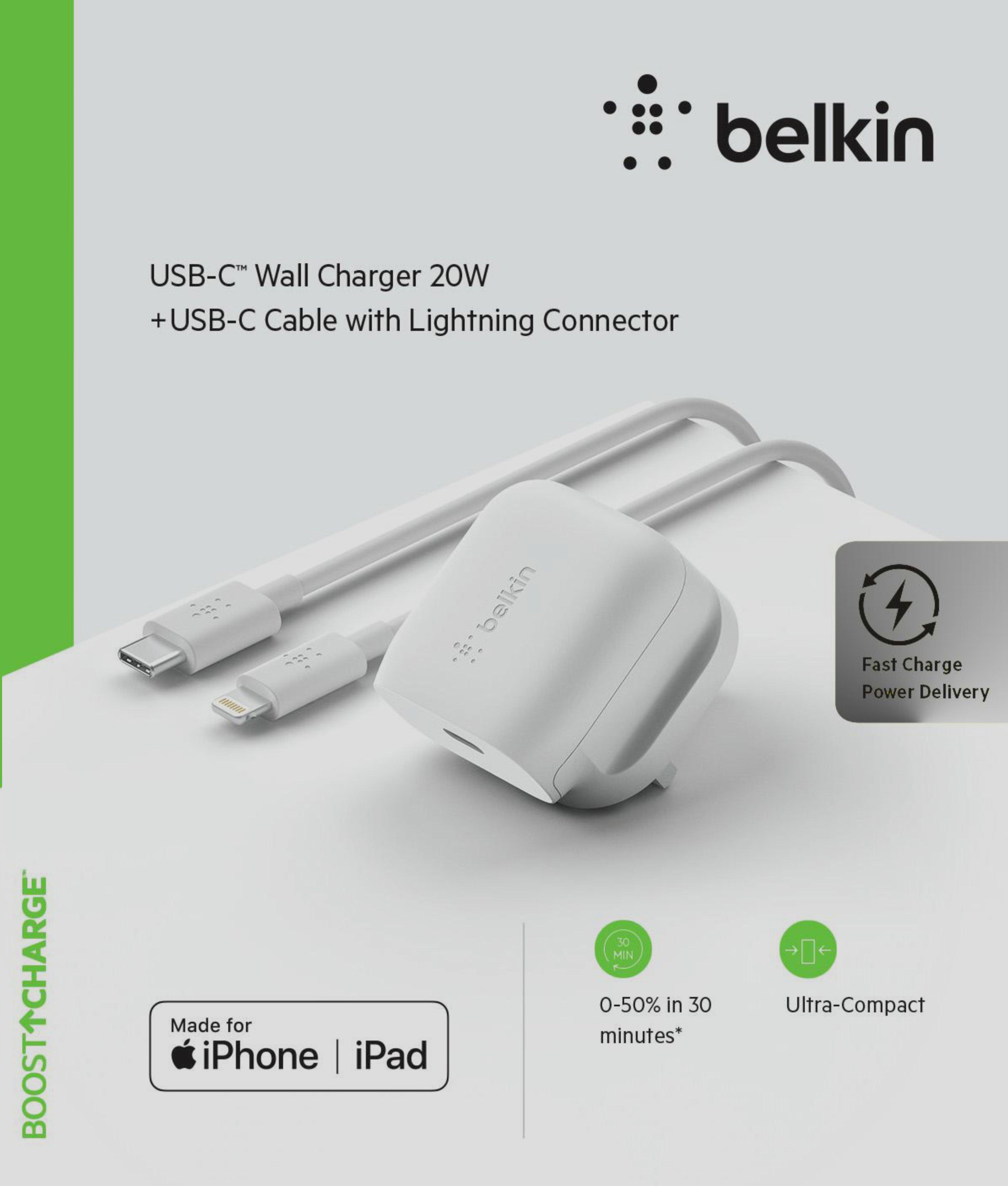 Belkin 20W USB-C PD Wall Charger + USB-C to Lightning Cable - White