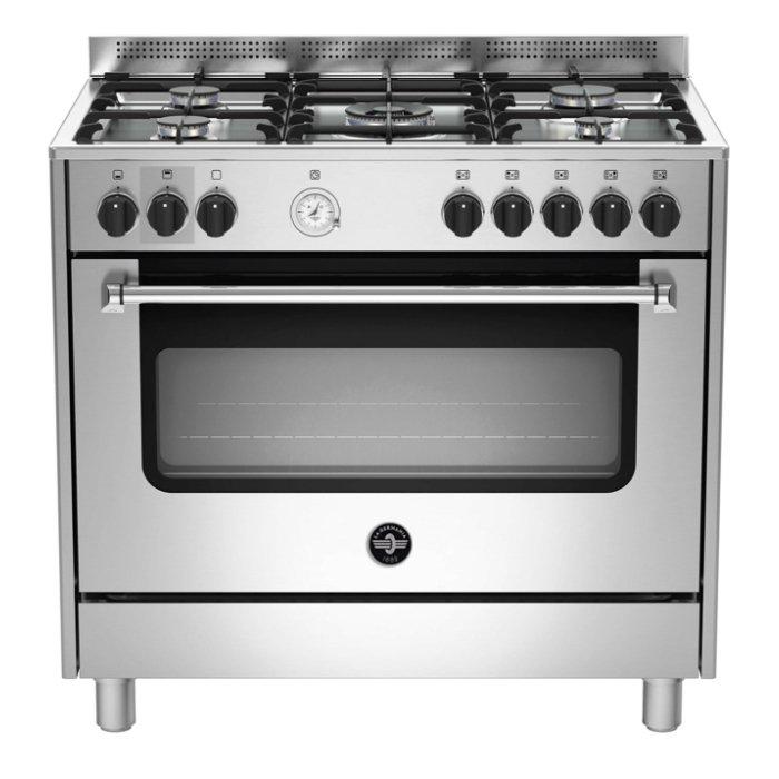 Lagermania 90x60 cm 5-Burner Floor Standing Gas Cooker (AMS95C81CX) + Lagermania 90cm Undercabinet Cooker Hood - Stainless Steel (K90TUSX/19)