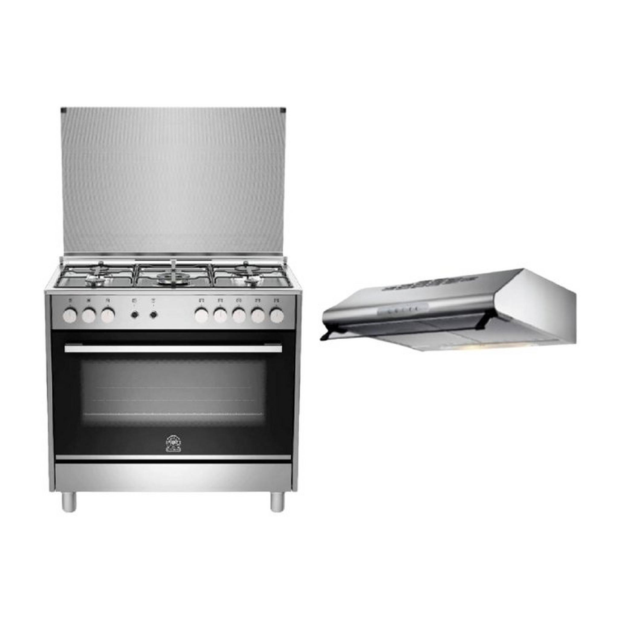 Lagermania 90x60 Gas Cooker (TUS95C31DX) – Silver + Lagermania 90cm Undercabinet Cooker Hood - Stainless Steel (K90TUSX/19)