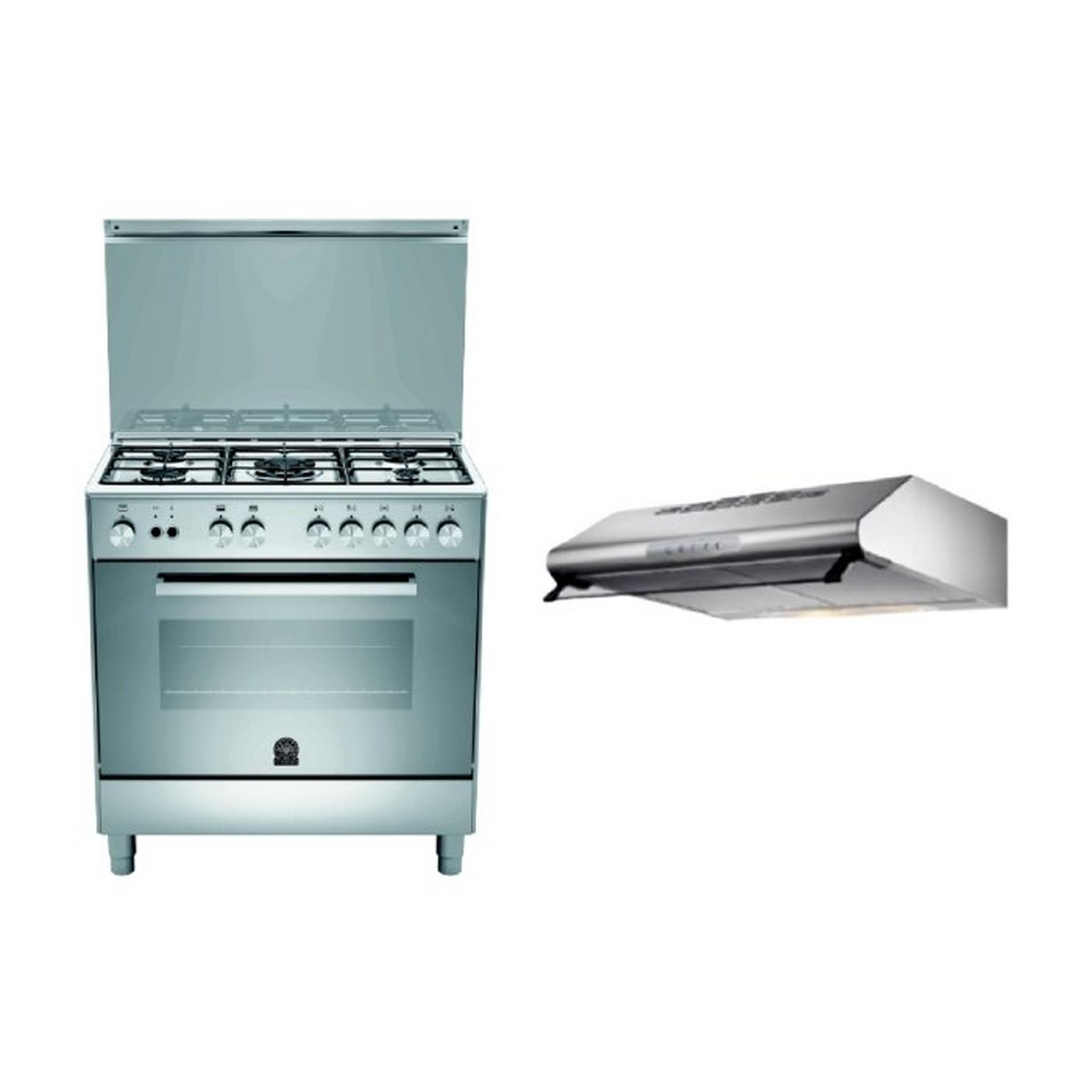 Lagermania 80x50 cm 5-Burner Floor Standing Gas Cooker (TU85C30DX) + Lagermania 80cm Under-Cabinet Cooker Hood