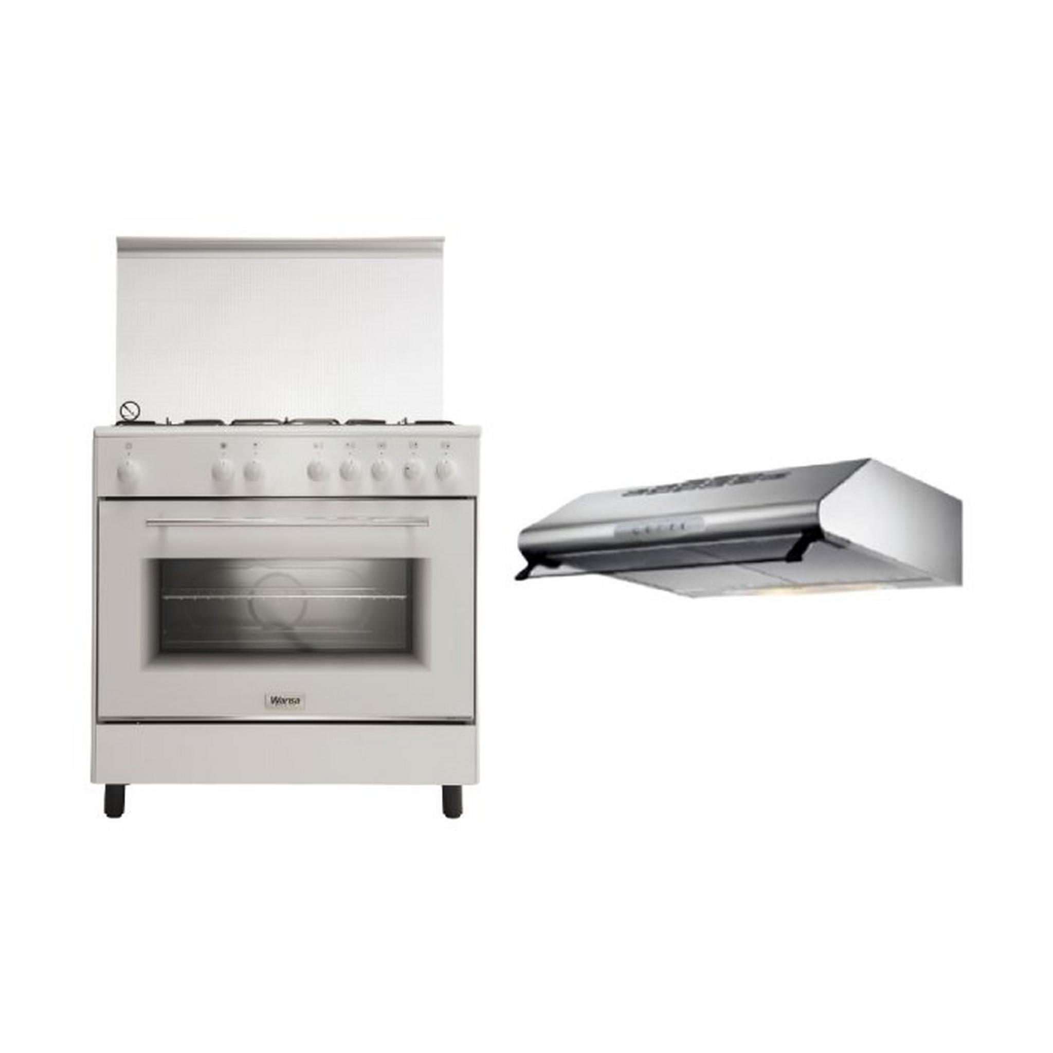 Wansa 80x50 5-Burner Floor Standing Gas Cooker (WE8050W) + Lagermania 90cm Under-Cabinet Cooker Hood
