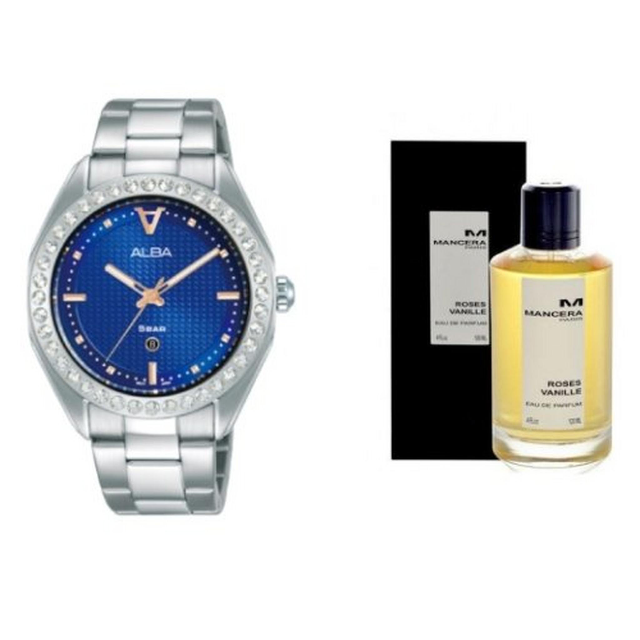 Alba 36mm Women's Analog Watch + Roses Vanille by Mancera For Women 120 ML Eau de Parfum + Alba Gift Watch Box