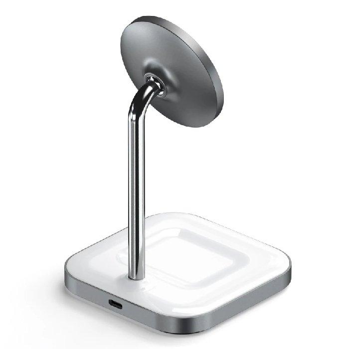 شاحن 2 في 1 مغناطيسي لاسلكي للايفون و ايربودز مع ستاند من ساتشي - رمادي