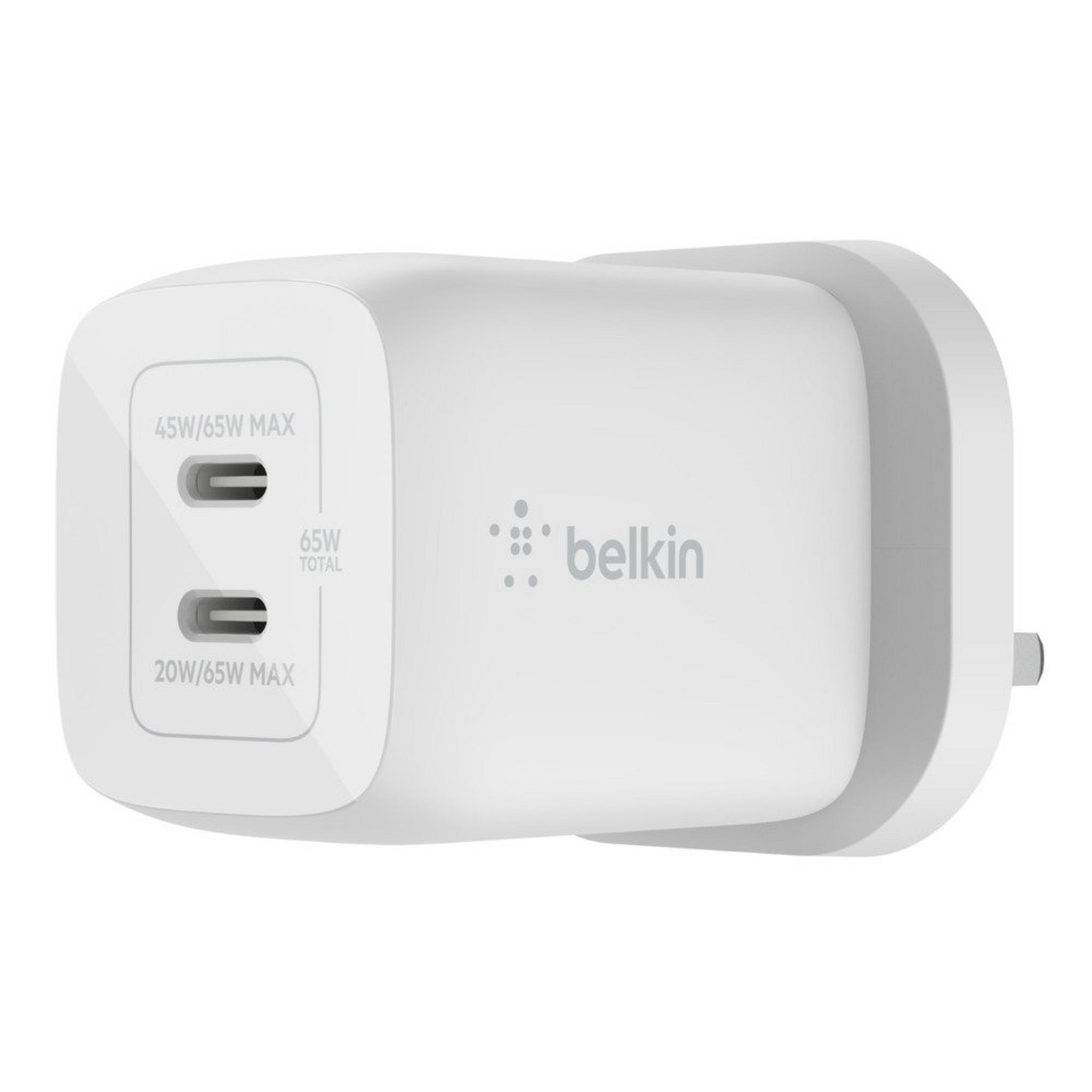 Belkin Dual USB-C GaN Wall Charger with PPS 65W + USB-C to USB-C Cable - 2m