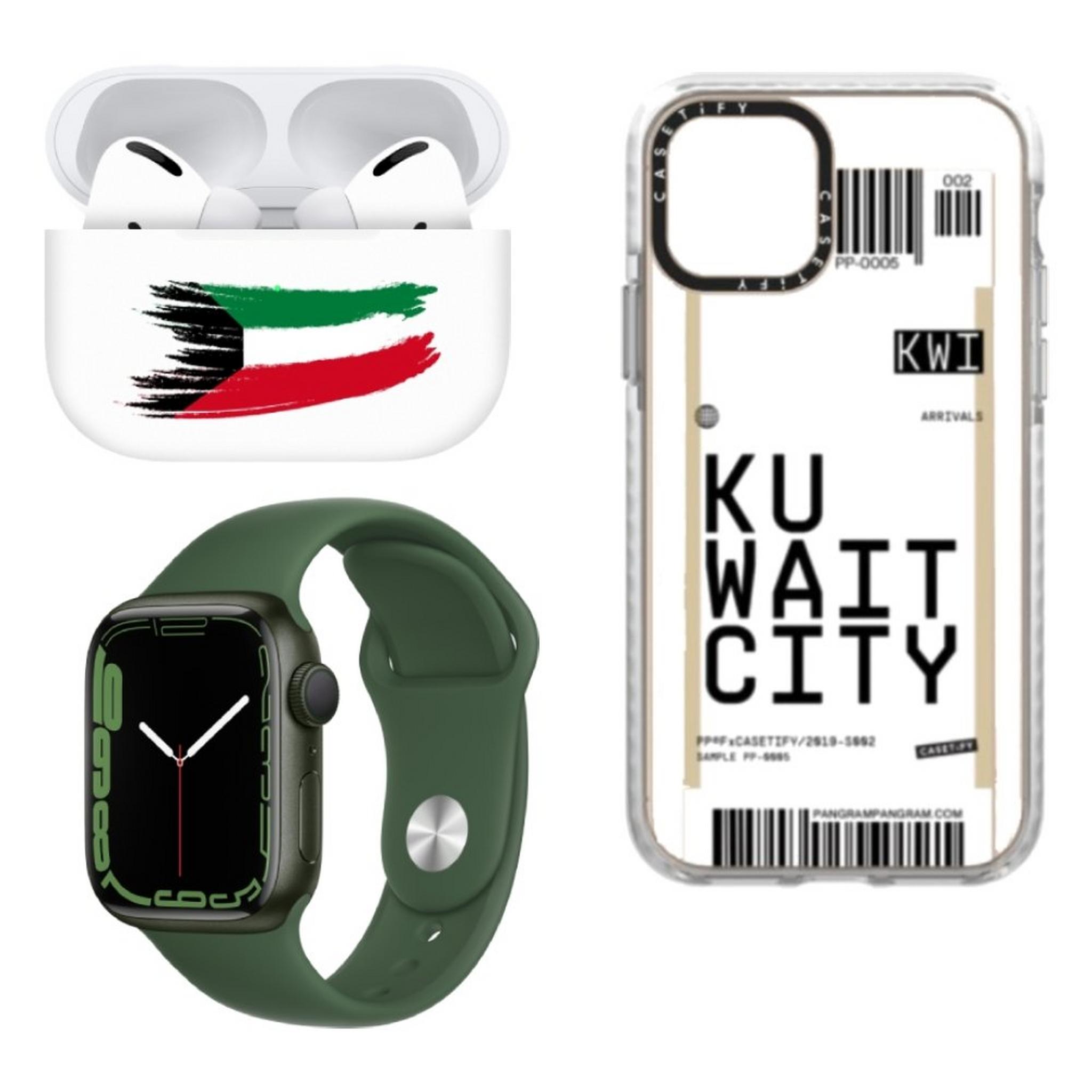 Switch Paint Apple Airpods Pro Q8 Flag - White Buds + Casetify Impact Case for iPhone 13 Pro Max - Kuwait City + Apple Watch Series 7 41mm - Clover