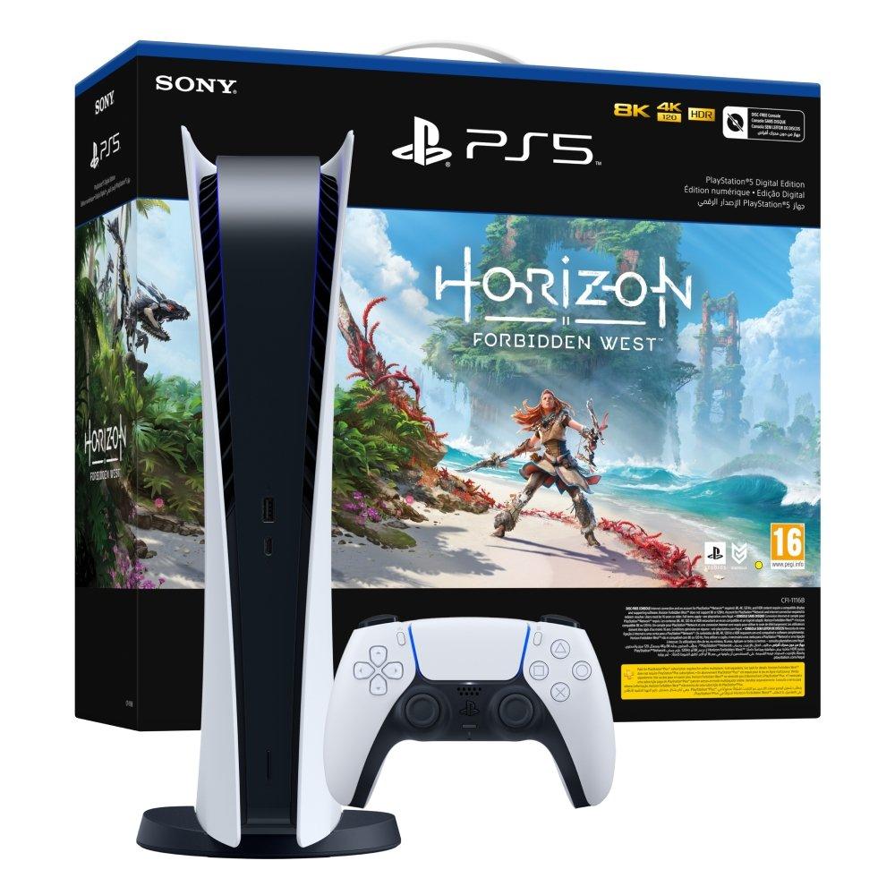 جهاز سوني بلايستيشن 5 إصدار ديجيتال + قسيمة للعبة هورايزن فوربيدن ويست + كاميرا كاملة الوضوح + محطة شحن دول سينس لوحدة التحكم + يد تحكم لاسلكية دول سينس