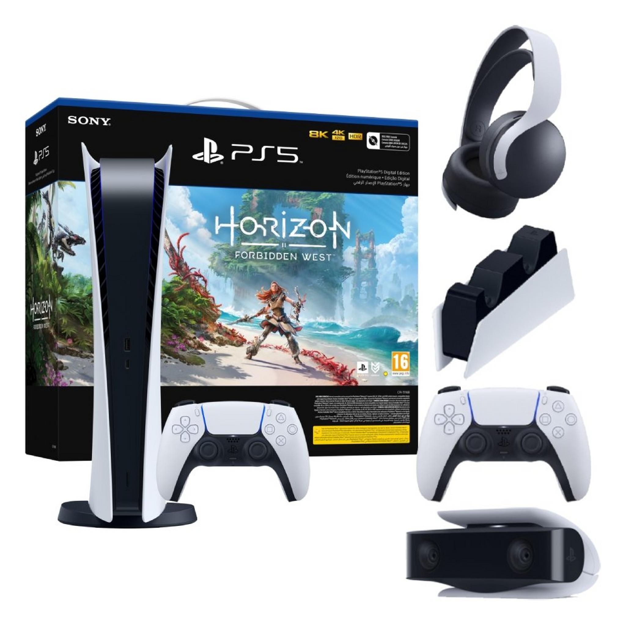 Sony PlayStation 5 Digital Edition Console + Horizon Forbidden West Voucher Bundle + DualSense Wireless Controller + Charging Station + Pulse 3D Wireless Headset + HD Camera