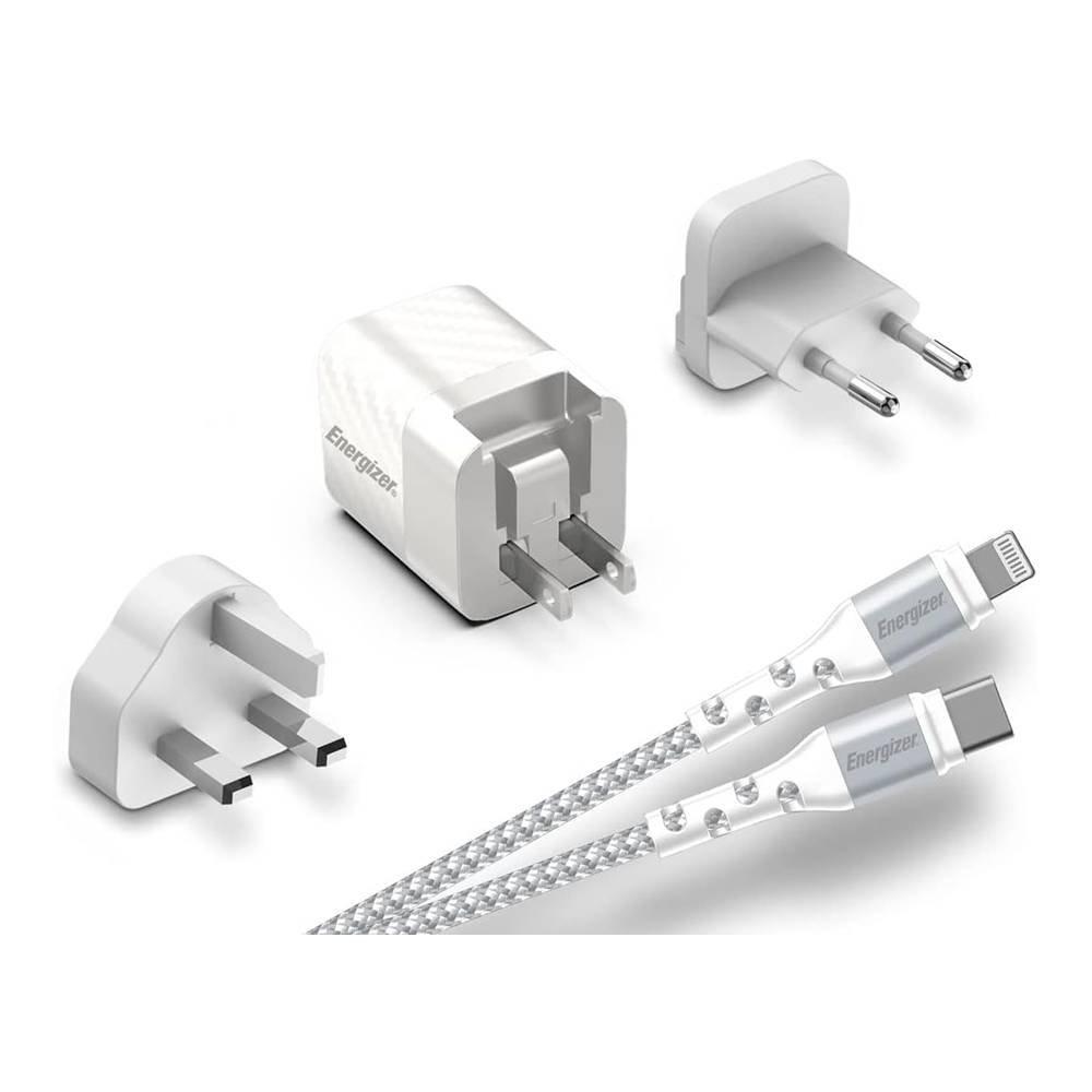 Energizer Wall Charger 20W Multi Plug , EU UK US Adapters, Lightning Cable, A20MUL- White